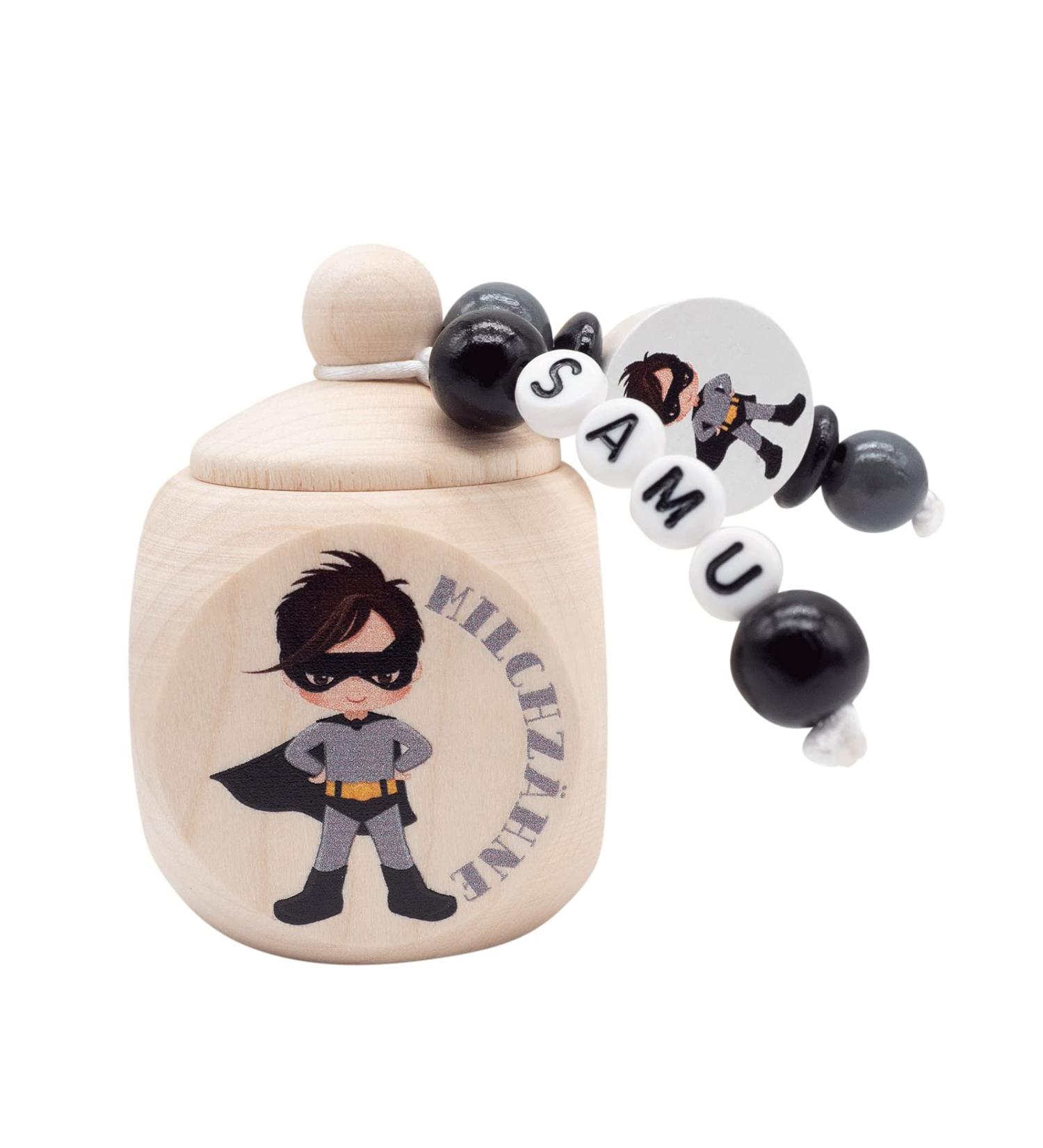 Personalized Superhero Tooth Box for Milk Teeth - Black Wooden Gift from the Tooth Fairy for Boys - Buy Online on GoSupps.com