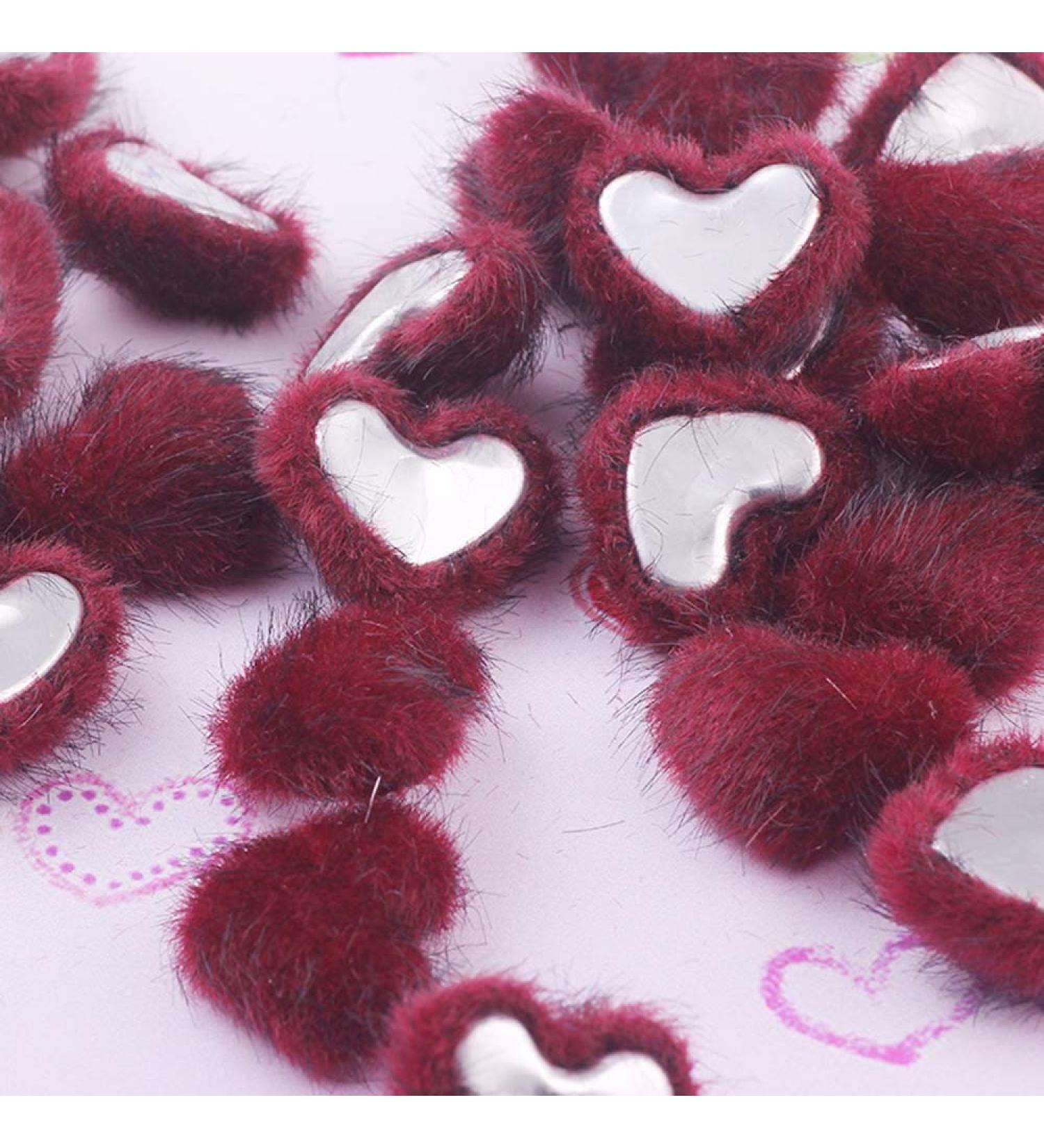 Reland Sun 20 pieces Heart -shaped nail plush balls removable nail art fluffy pompons for nails with base for nail design and decoration (dark red)