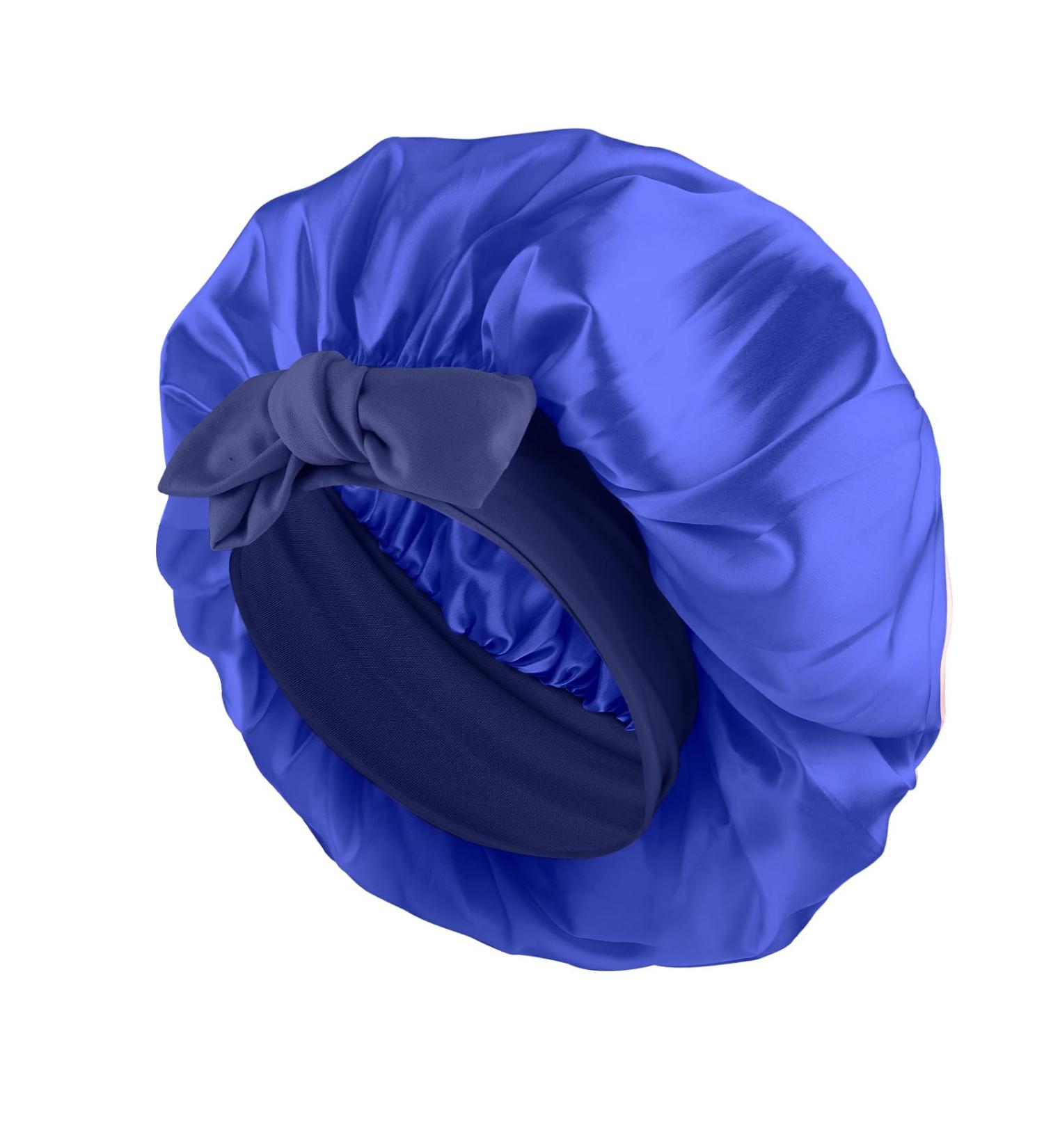 Abeillo Silk Sleep Bonnet for Women - Dark Blue Satin Night Cap for Curly Hair - Adjustable and Soft Elastic Band - Buy Online on GoSupps.com