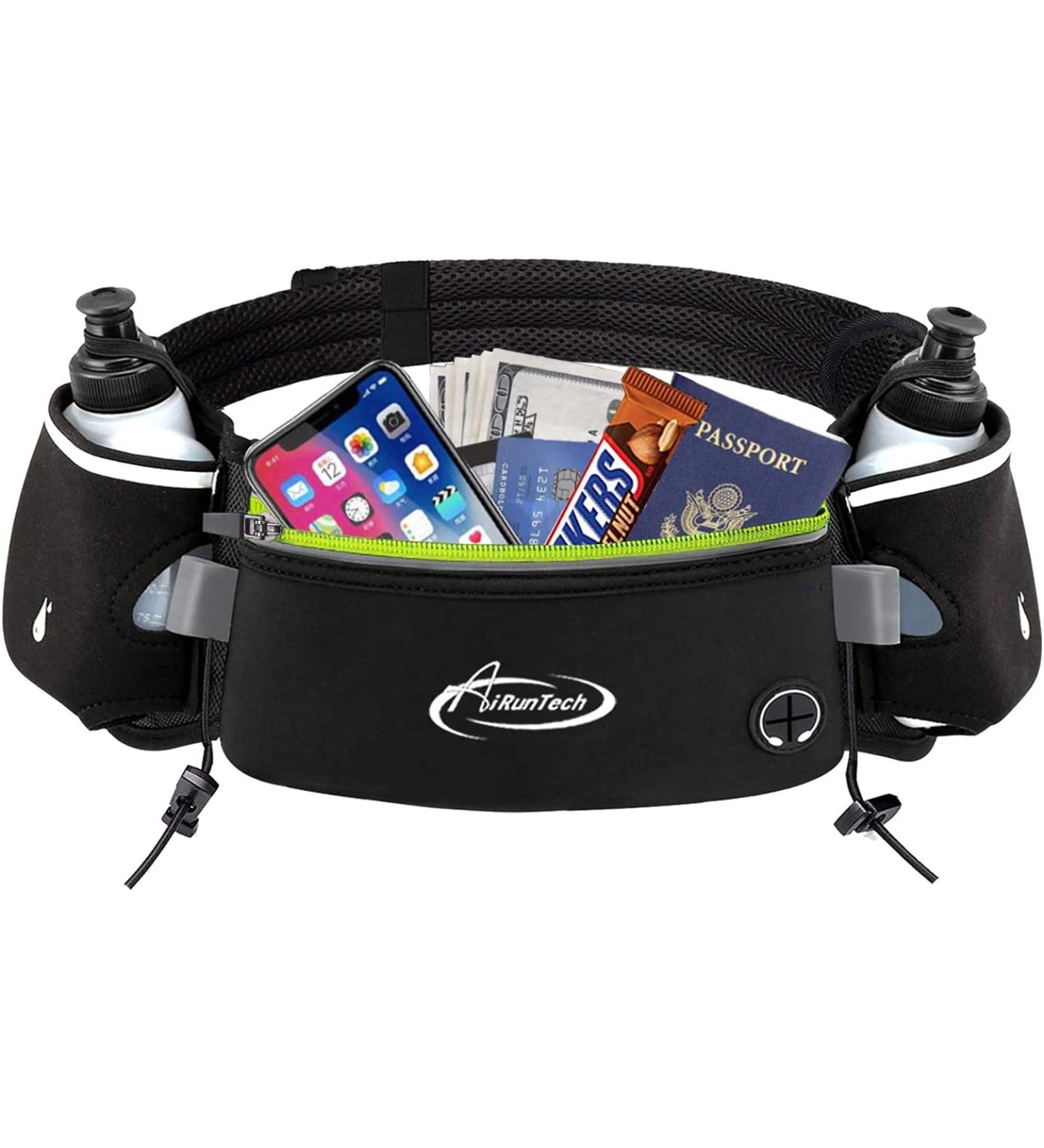 AiRunTech Hydration Running Belt - Zero Bounce Design for Running, Triathlon, Marathon - Fits Most Smartphones - Includes 2*6 oz Bottles (BK+GN) - Buy Online on GoSupps.com