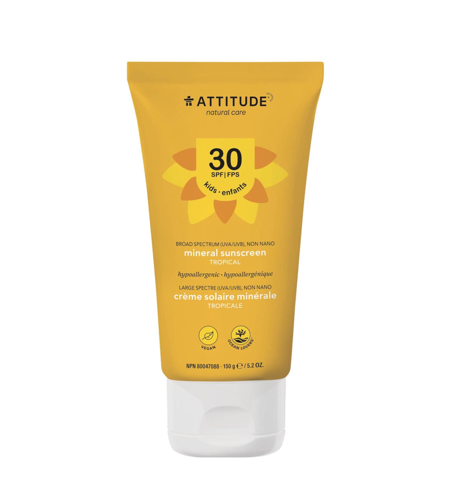 ATTITUDE Sunscreen Cream for Baby and Kids Broad Spectrum UVA and UVB Hypoallergenic Plant and Mineral-Based Formula Vegan and Cruelty-free Sun Care Products SPF 30 Tropical 150 grams
