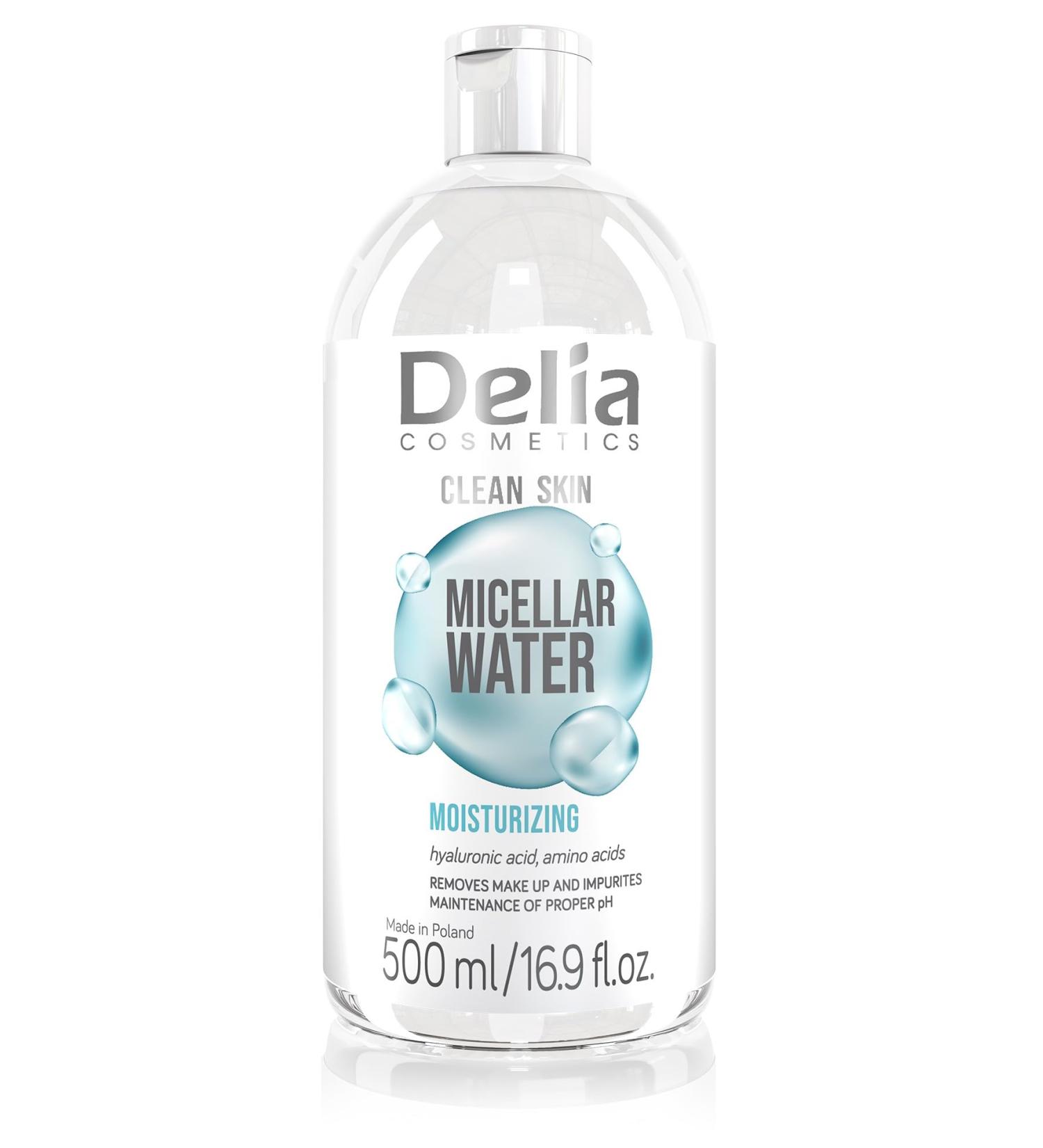 Delia Cosmetics Clean Skin Moisturizing Micellar Water for Face Daily Makeup Removal Effectively Removes Makeup and Impurities Hyaluronic Acid Amino Acids 500ml