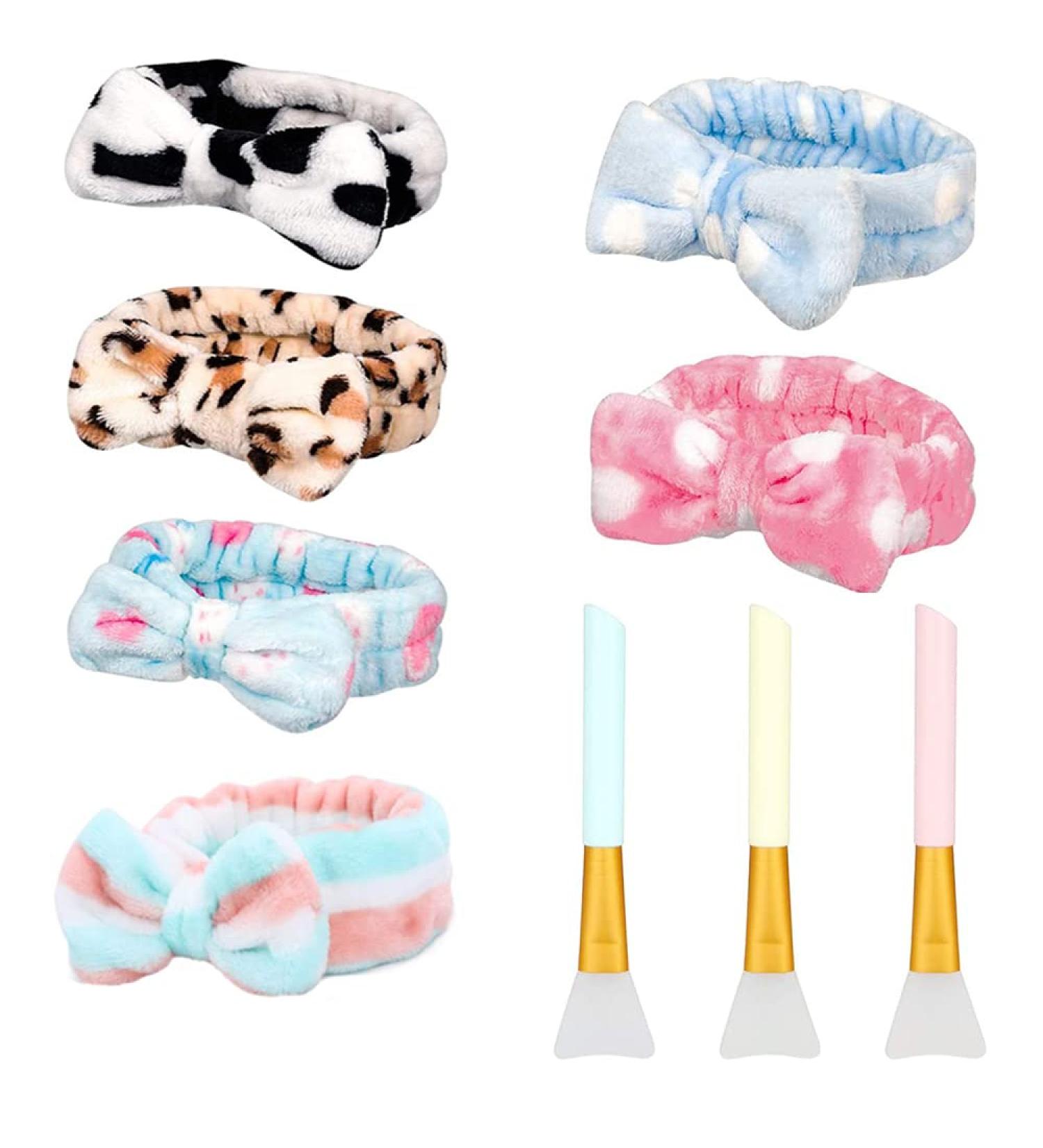 6-Piece Bowknot Hair Band Set - Soft Coral Red Fleece Spa Headband & Silicone Mask Brushes for Makeup & Shower - Buy Online on GoSupps.com