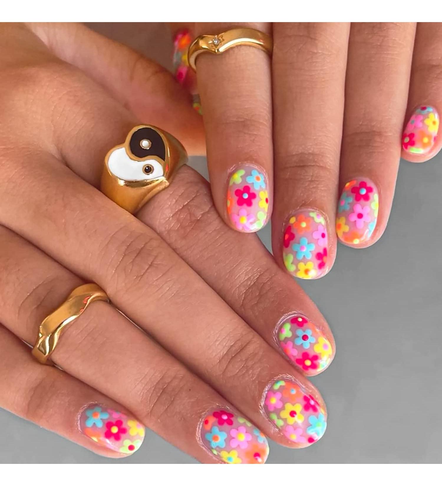 24 Pcs Short Square Flower Press on Nails - Colorful Floral Designs - Glossy Acrylic False Nails - Full Cover Stick on Nails for Women and Girls - Buy Online on GoSupps.com