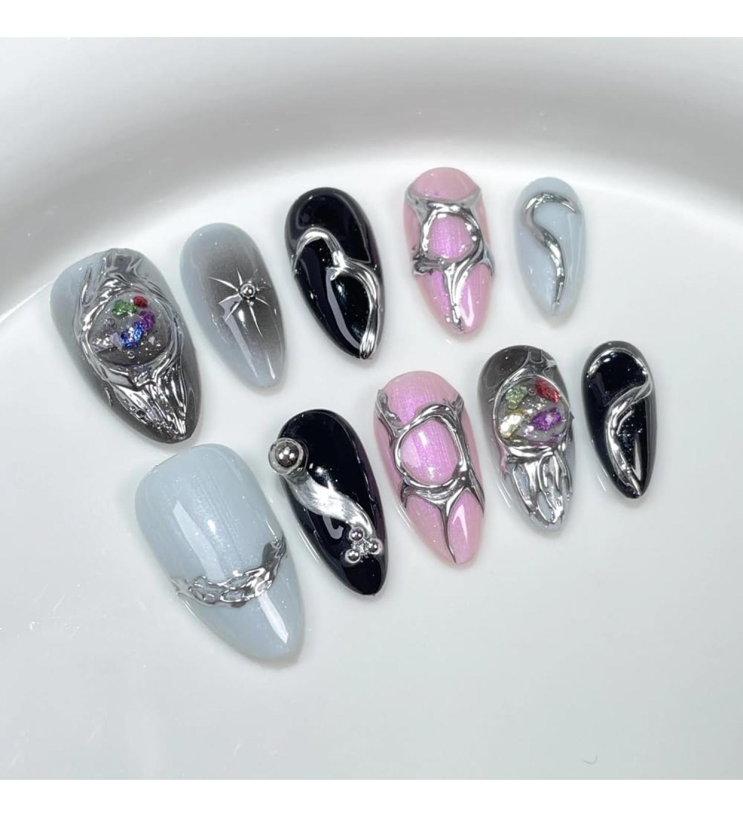 10Pc Blush Powder Almond False Nails Relief Hand drawn Bow Star Design Press on Nails Handmade Full Cover False Nail Tips(Color:3 Size:M)