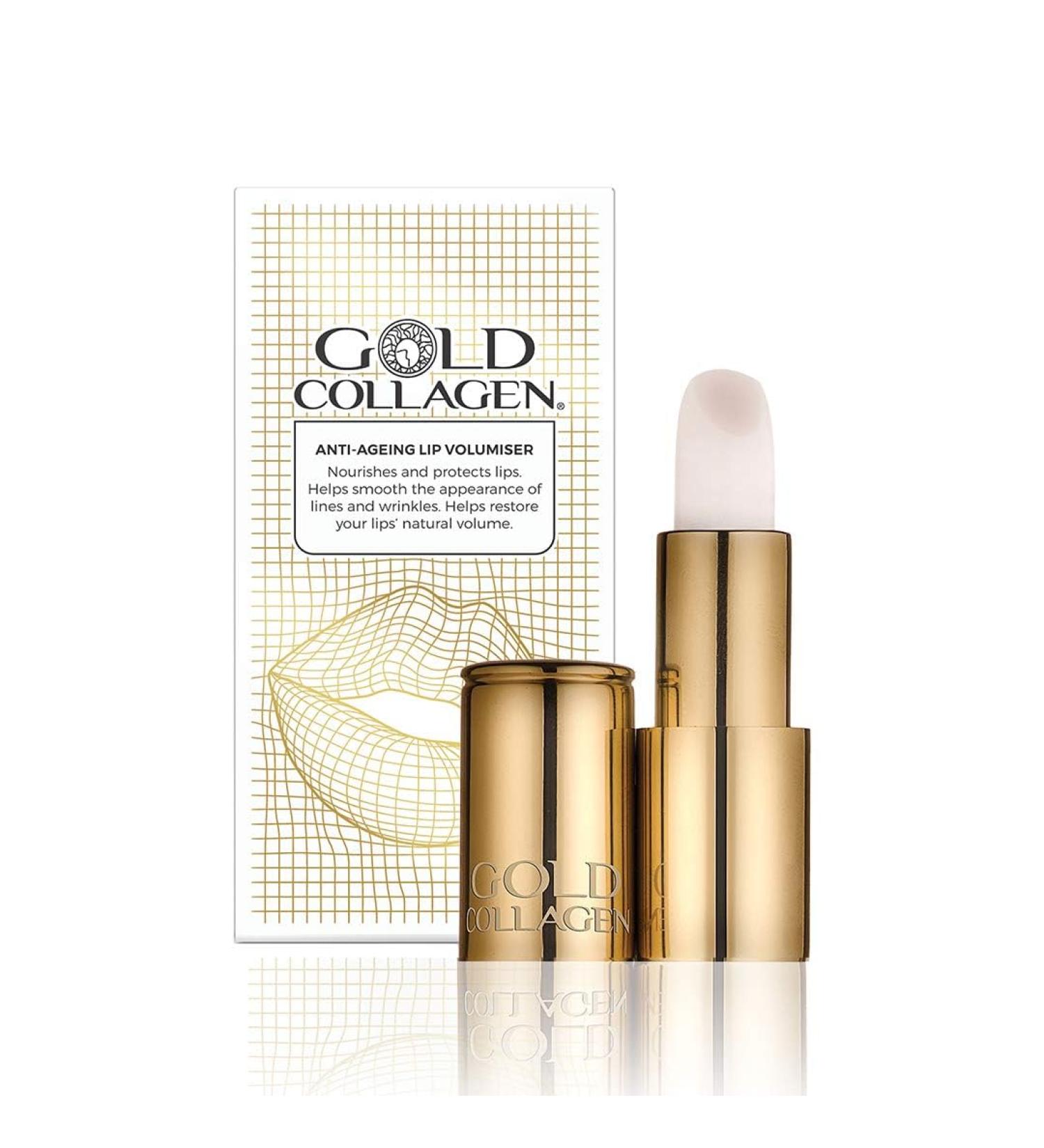 GOLD COLLAGEN Lip Volumiser - Anti-Ageing Lip Balm with Castor Oil Coconut Oil Vitamin E & Marine Collagen - Super Moisturising Lip Plumper with Beeswax for Healthier & Plumper Lips - Pearl Effect - Buy Online on GoSupps.com