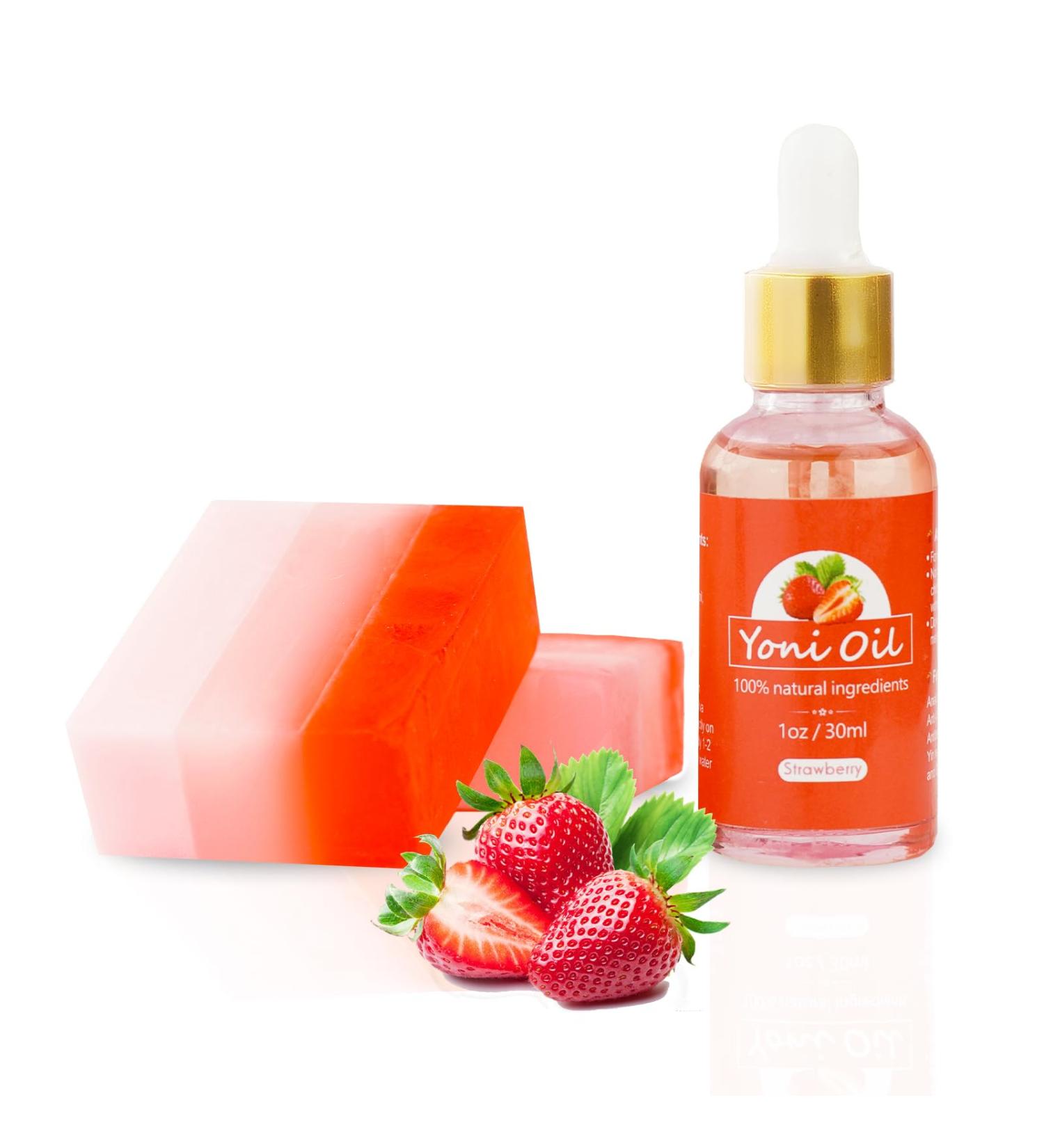 Strawberry Yoni Soap Bar & Oil Set | Natural Feminine Care for pH Balance & Odor Elimination - 150g x2 + 1 fl. oz Perfume Oil - Buy Online on GoSupps.com