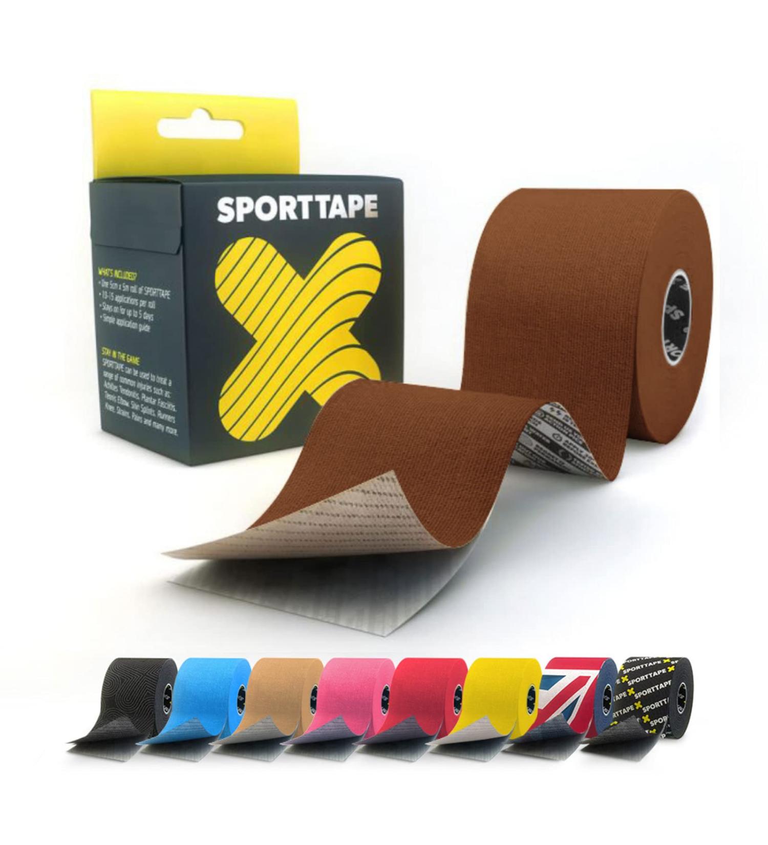 SPORTTAPE Extra Sticky Kinesiology Tape 5cm x 5m - Brown | Hypoallergenic Waterproof K Tape for Muscle Injury Support | Single Roll, Uncut - Buy Online on GoSupps.com