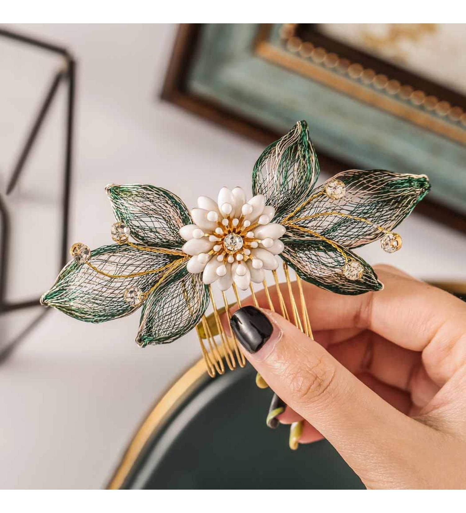 Gold Leaf Flower Bride Wedding Hair Comb Crystal Hair Accessories for Women (Green) - Buy Online on GoSupps.com