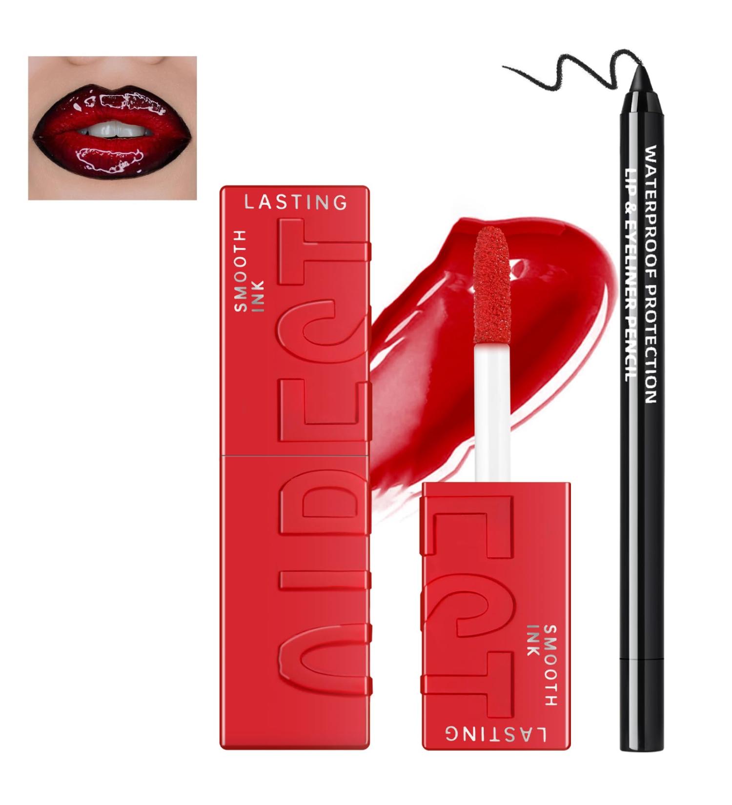 Vinyl Red Velvet Ink Liquid Lipstick & Black Lip Liner - Gothic Halloween Makeup Long Wear Waterproof Non-Sticky Moisturizing Lip Stain for Women - Buy Online on GoSupps.com