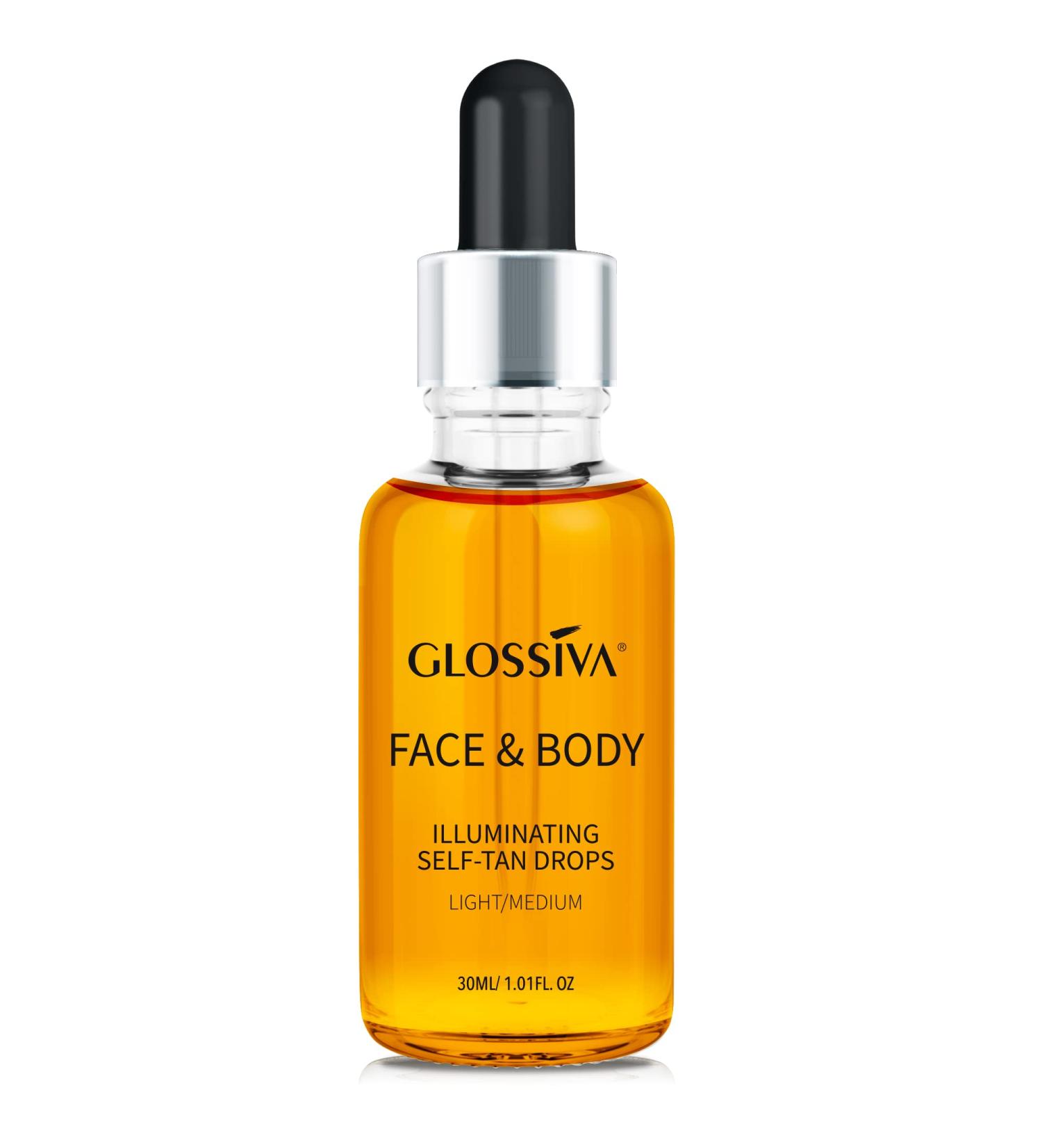 Glossiva Self Tanning Drops - Long Lasting Glow Sunless Tanner for Face and Body - Natural Gradual Glow, No Orange Tones or Fake Tan Smell - Streak-Free Formula - 30ml - Buy Online on GoSupps.com