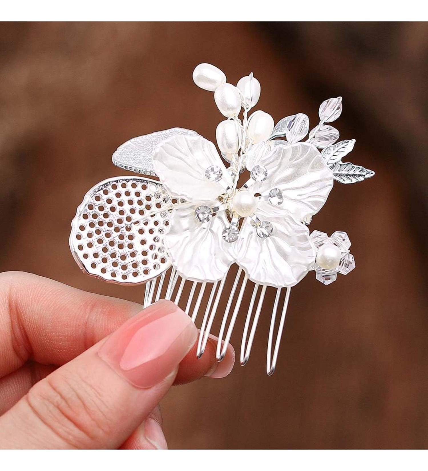Foyte Pearl Flower Hair Comb Wedding Crystal Hair Comb Silver Hair Accessories for Women and Girls - Buy Online on GoSupps.com