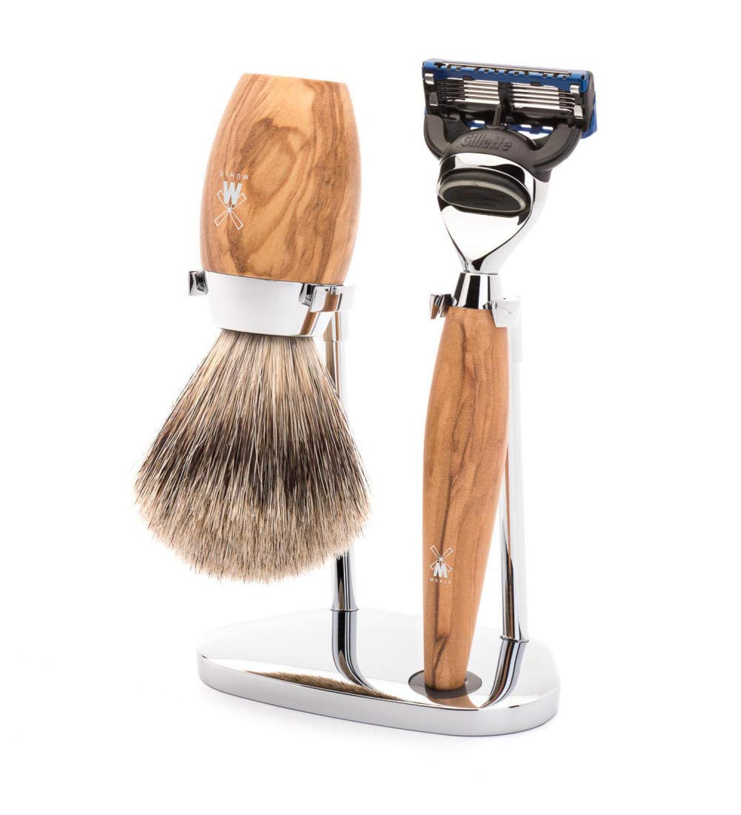 M HLE shaving set - Kosmo series - Fine badger hair - compatible with Gillette blades - Olive wood