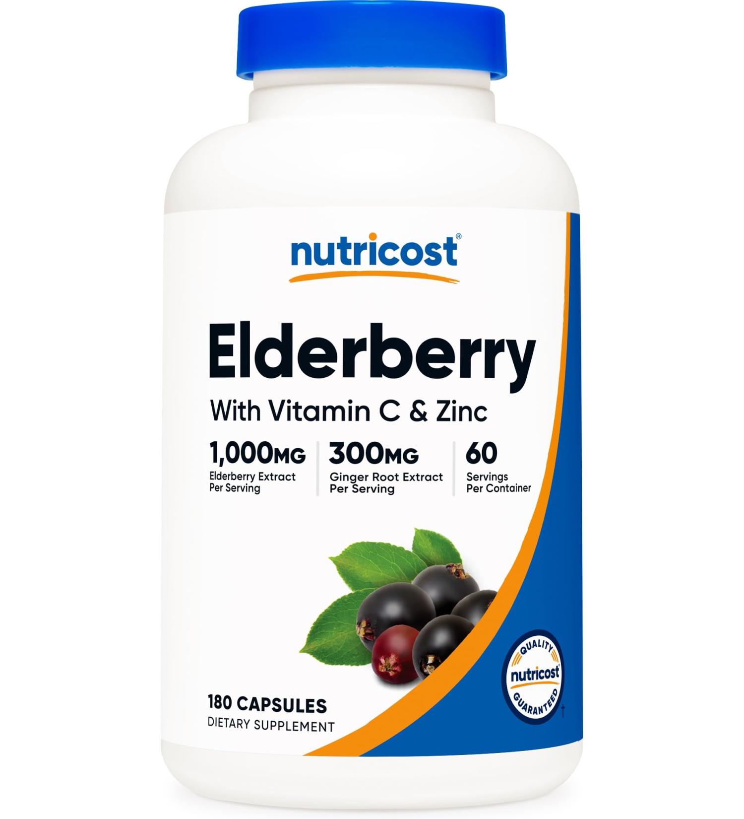 Nutricost Elderberry & Ginger Root Extract (1 300mg) with Vitamin C (500mg) Zinc (25mg) & Vitamin D (125mcg) 180 Capsules - Vegetarian-Friendly Supplement GMO-Free Gluten-Free 60 Servings - Buy Online on GoSupps.com