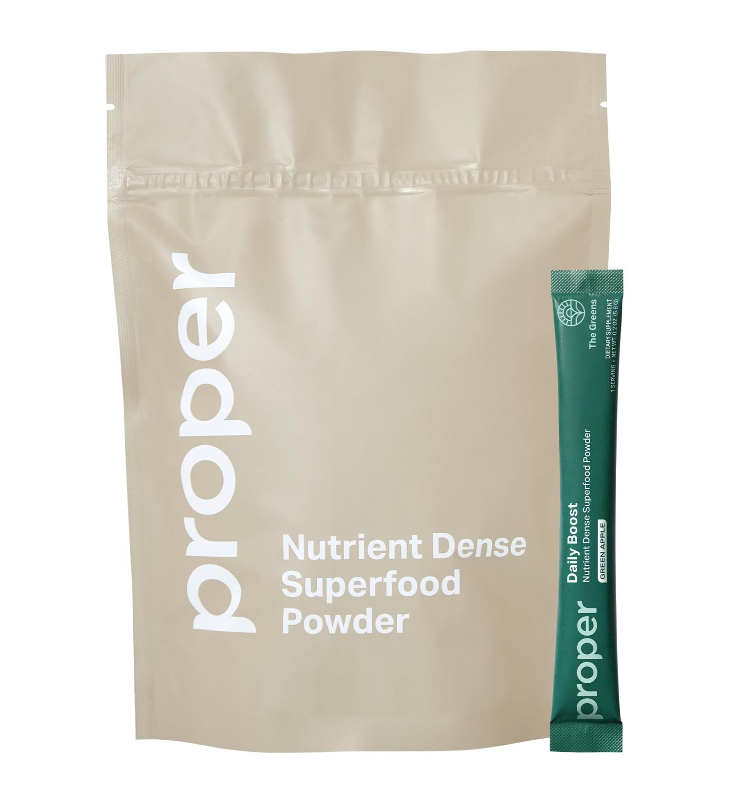 Proper The Greens Daily Boost Organic Greens Powder. Whole Food Apple Flavor Veggie Powder Superfood with Wheatgrass Spirulina Chlorella Probiotics. Daily Drink Mix for Wellness and Digestion 15 Servings - Buy Online on GoSupps.com