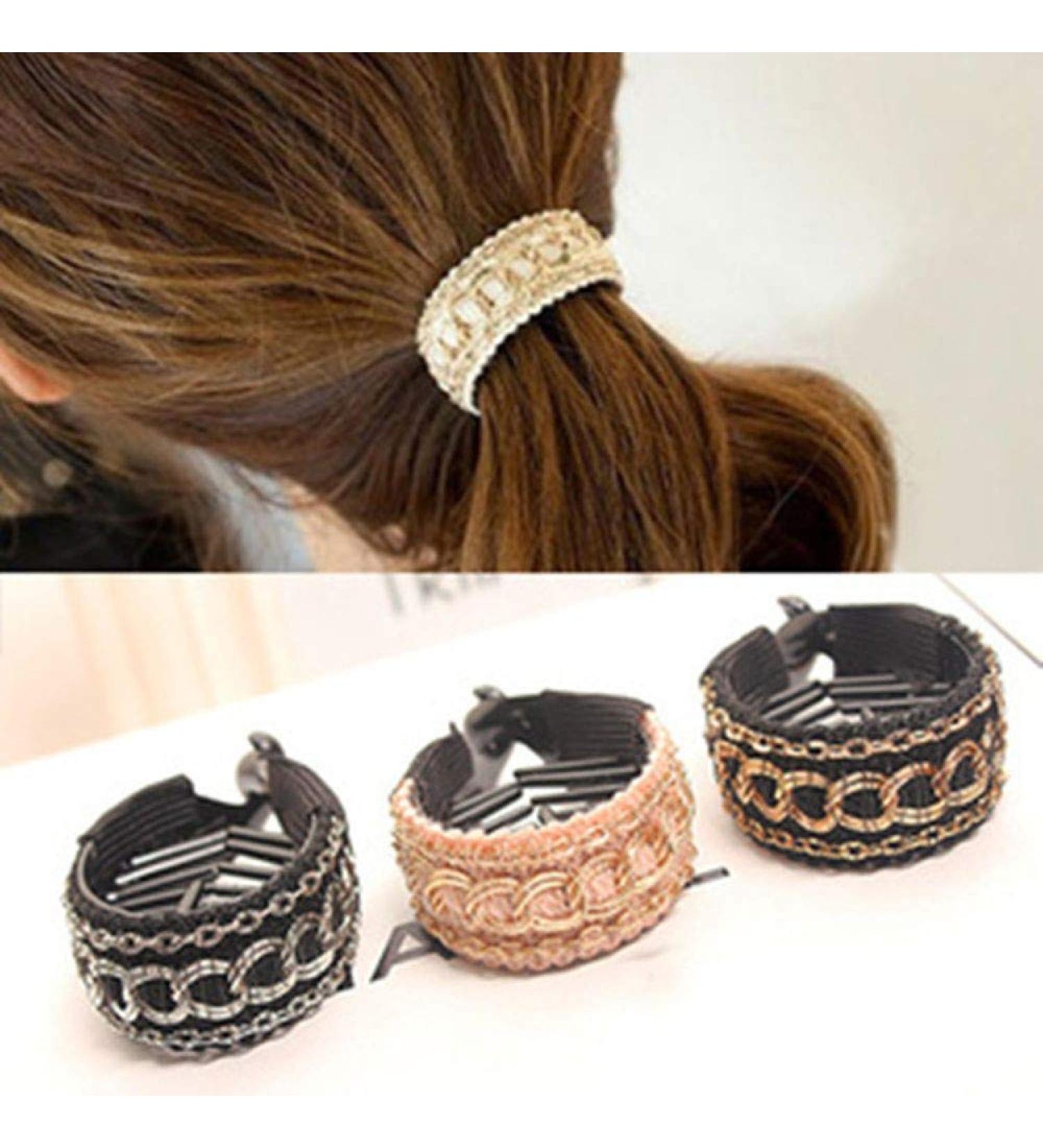 Korean Style Stripe Bow Hair Claw Set for Women and Girls - 3pcs | Elegant Solid Cloth Ties Ponytail Hold Clips - Buy Online on GoSupps.com