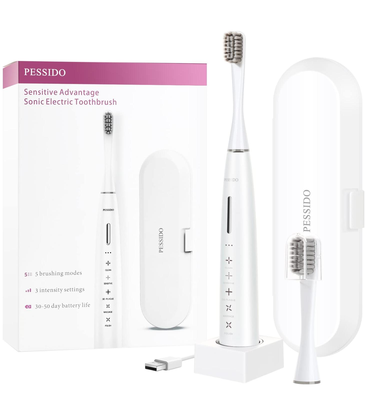 Pessido Sonic Electric Toothbrush - Rechargeable for Adults & Kids | 5 Modes & Timer | 2 Soft Brush Heads & Travel Case | White - Buy Online on GoSupps.com