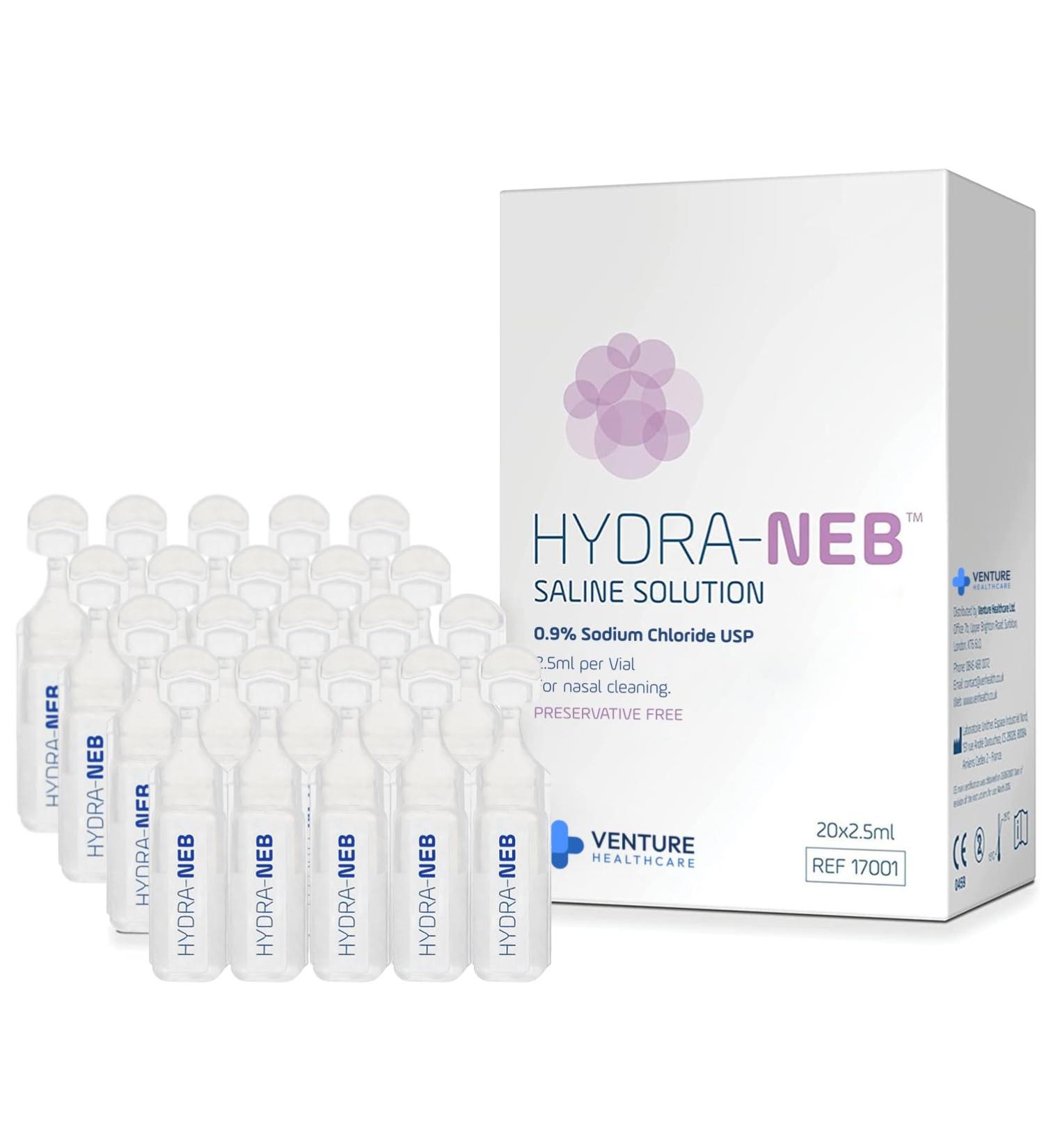 Hydra-Neb 0.9% Saline Solution for Nebulizer and Moisturizing of The Airways - Sodium Chloride 0.9% for Nose & Eyes, Nasal Cleanse for Adults and All Ages - 50ml / 1.69 fl oz - Buy Online on GoSupps.com