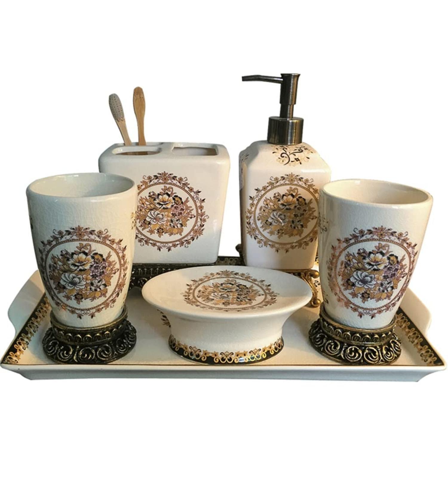European Style Ceramic Bathroom Set - POCHY 5-Piece Toothbrush Holder & Wash Kit - Light Grey - Buy Online on GoSupps.com