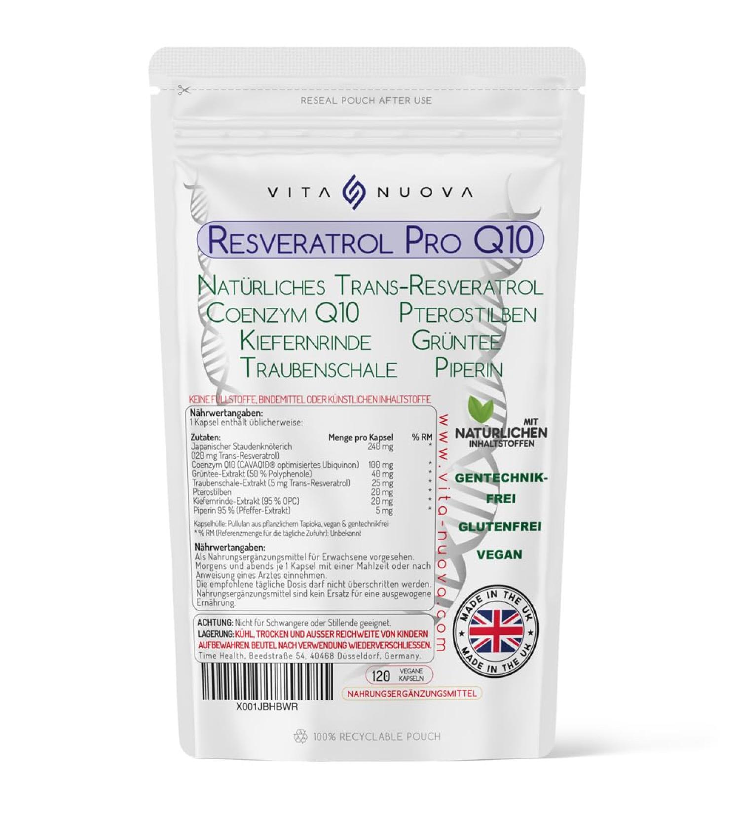 Resveratrol Pro Q10 anti-aging formula-Trans-Reseratrol Coenzyme Q10 Pterostilben pine bark green tea grape skin piperine-dosed dosage (120 capsules-bags)