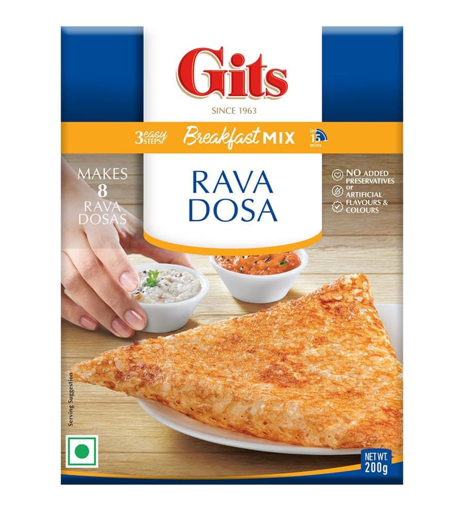 Gits Dosa | Idli | Upma | Vada | Medu Vada | Uttappam | Dokla | Sambhar | Packora | Handvo | Snacks | Ready Mix (Pack of 1 Gits Rava Dosa Mix 200g) Gits Rava Dosa Mix 200g Pack of 1 - Buy Online on GoSupps.com