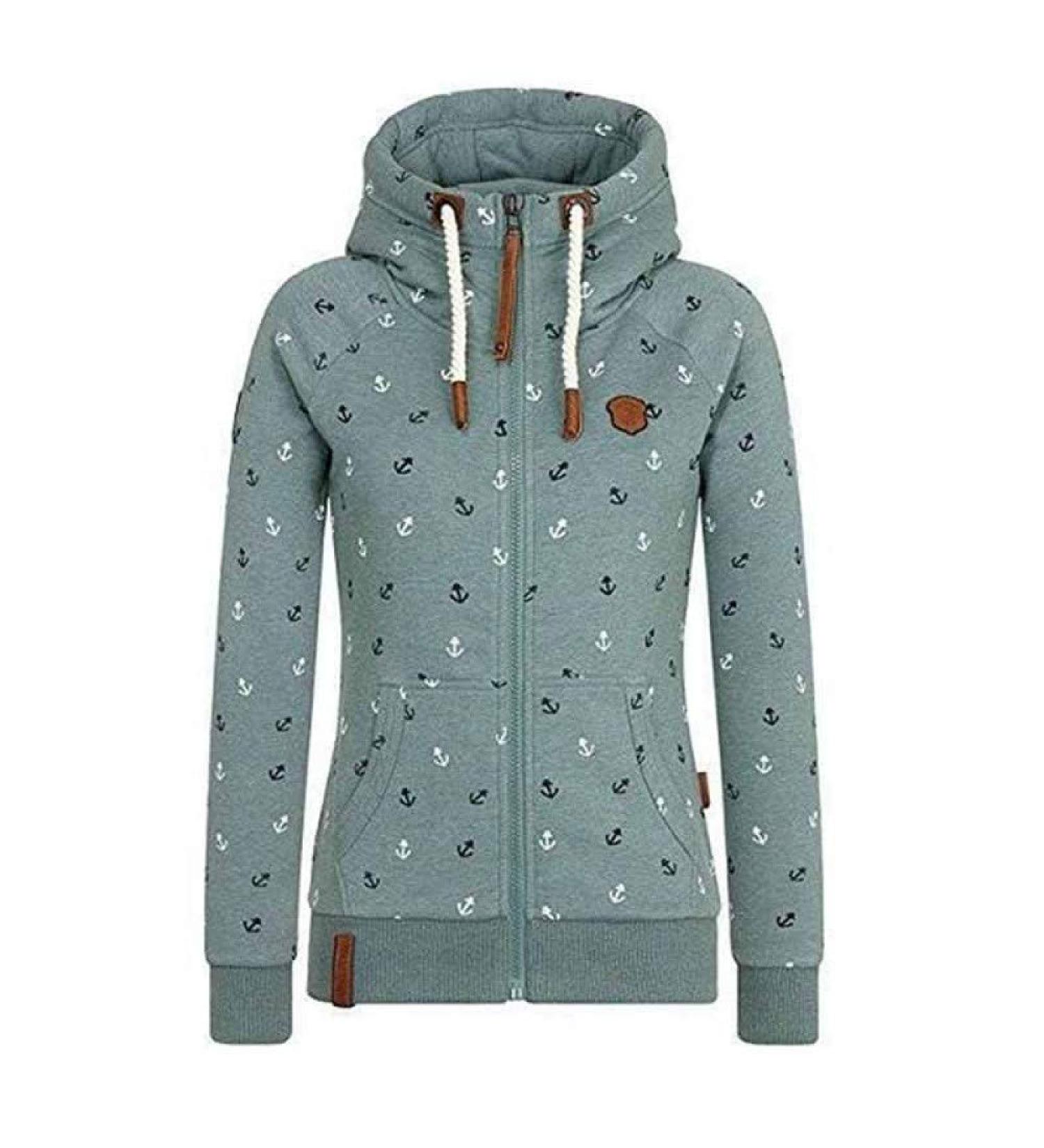 Bigfanshu Womens Hooded Sweatshirts Flocking Thicken Print Jackets Tracksuits Zipper Female Sportswear Green