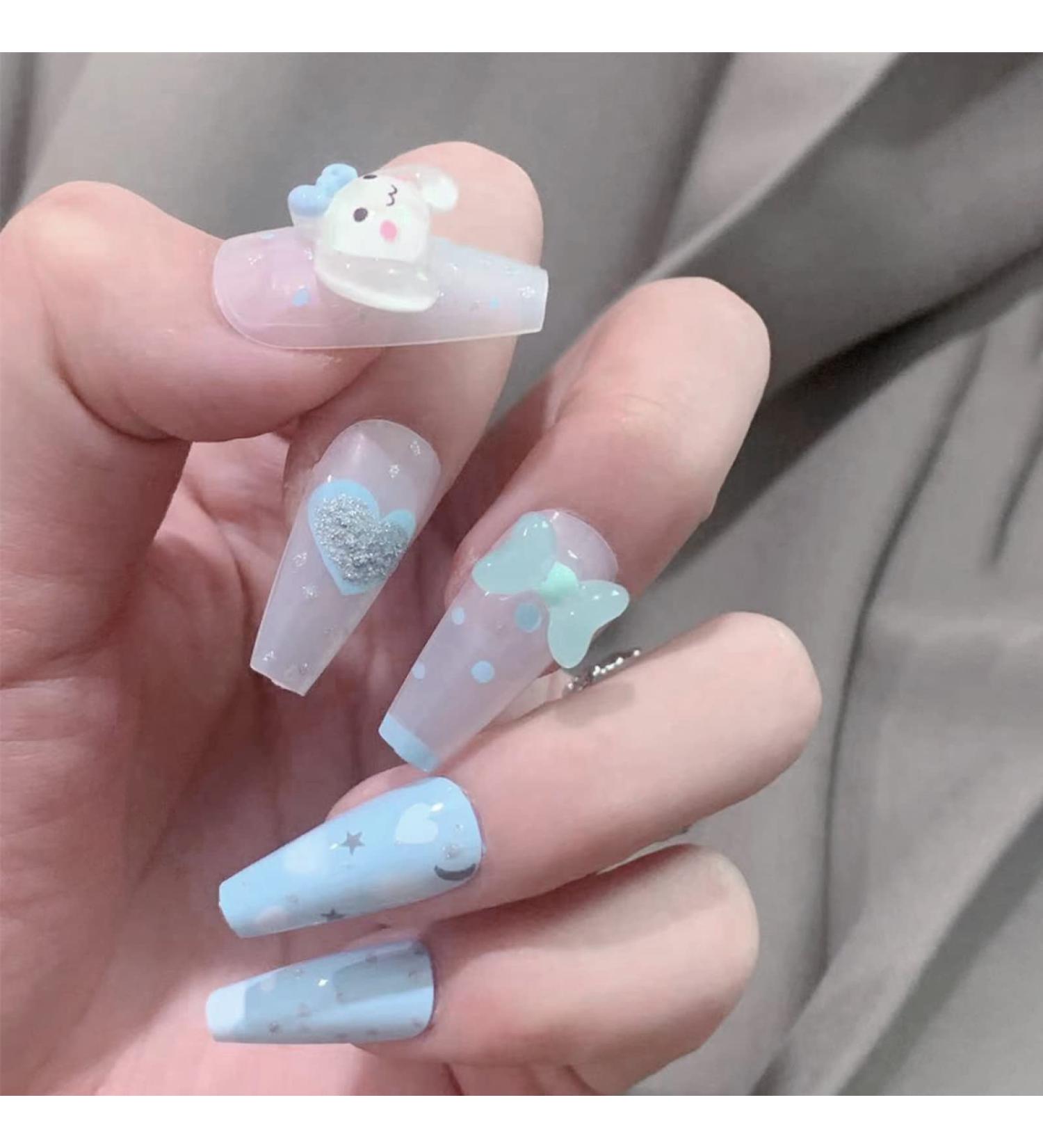 Black Flame Love Heart Bow with Diamond Shining Pearl Cute Cat 24pc False Nails Wearable Fake Nails Set Press On Nail with Glue LTMJ-28