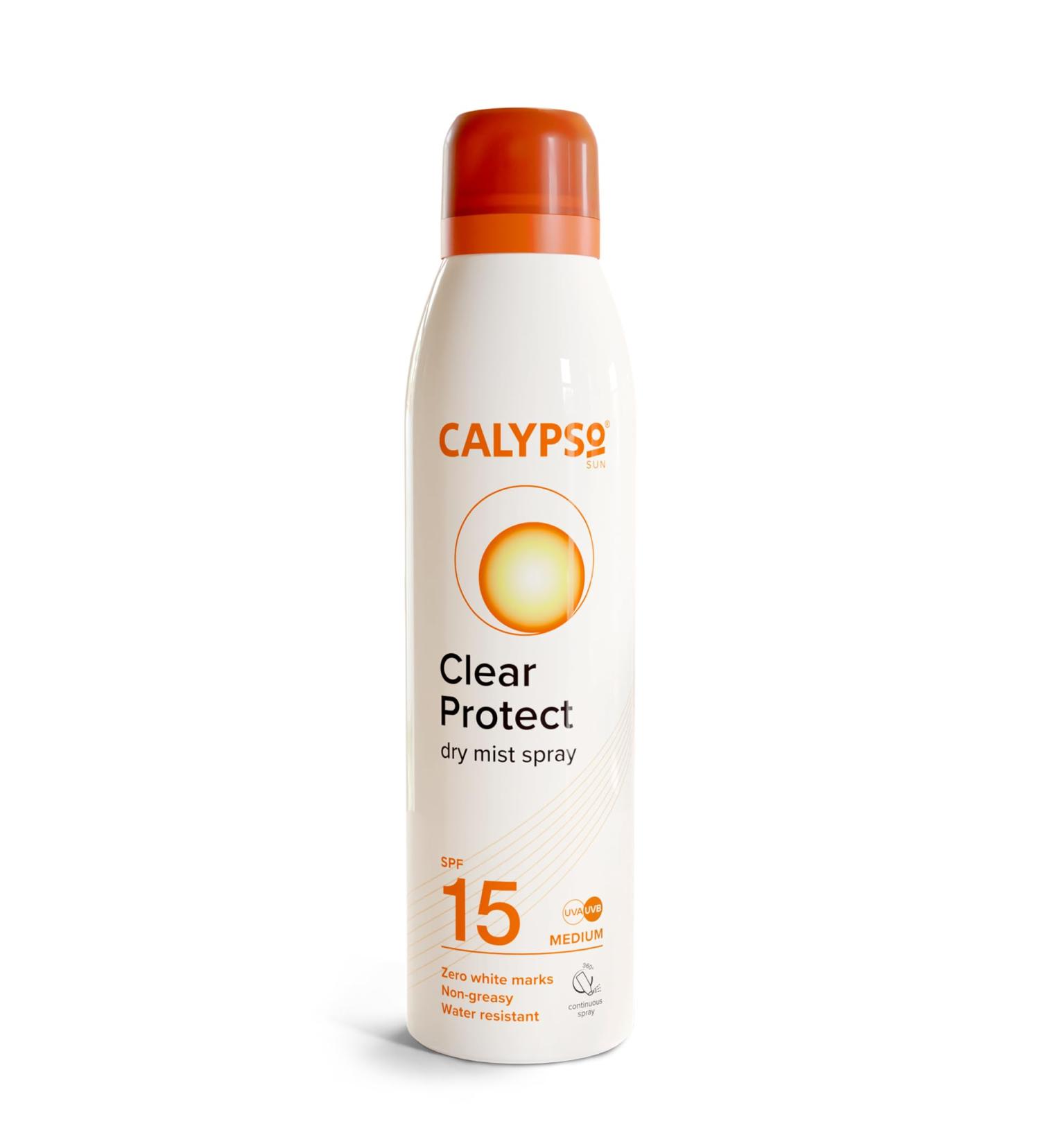 Calypso Clear Protect Dry Mist Spray SPF15 | Water Resistant sun spray | Non-greasy sun protection | Continuous Spray | 175ml 175 ml (Pack of 1) - Buy Online on GoSupps.com