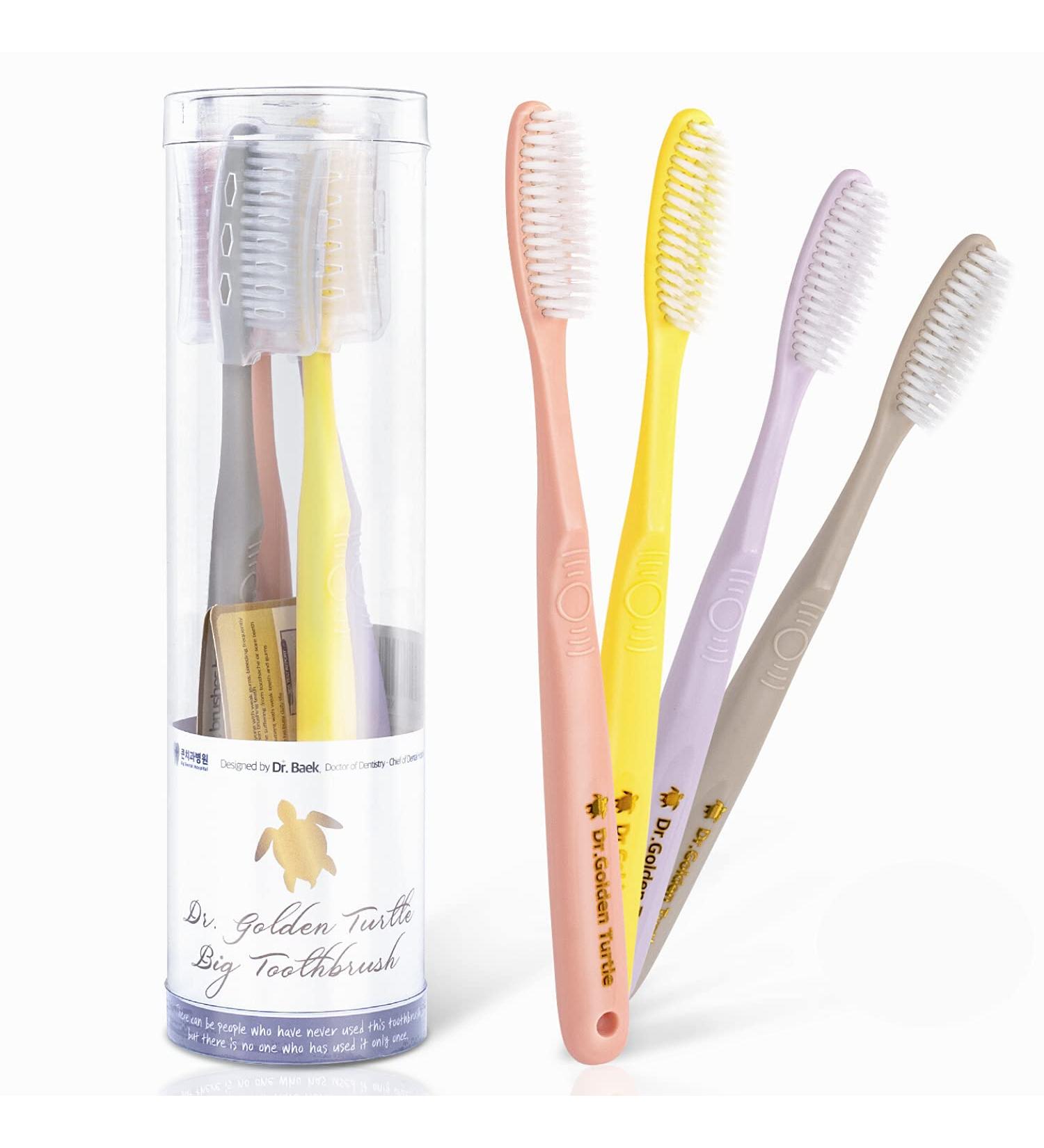 Dr.Golden Turtle Long Head Toothbrush 4-Pack | Dentist Designed | Plaque Remover | Adult Tooth Brushes Set | Medium Hard | Smokers Toothbrush - Buy Online on GoSupps.com