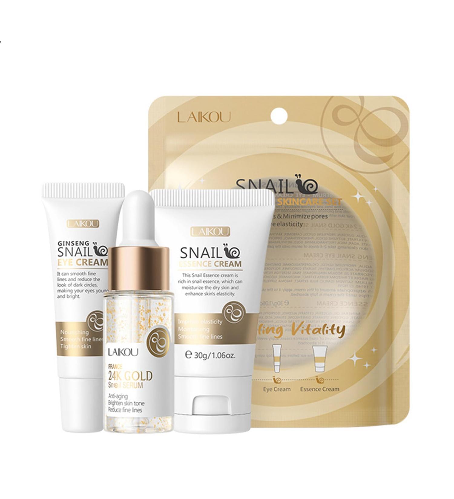 Snail Mucin Skin Care Set - Golden Snail Serum Ginseng Eye Cream & Essence Cream for Damaged Skin Improved Elasticity & Minimized Pores - 3-in-1 Solution - Buy Online on GoSupps.com