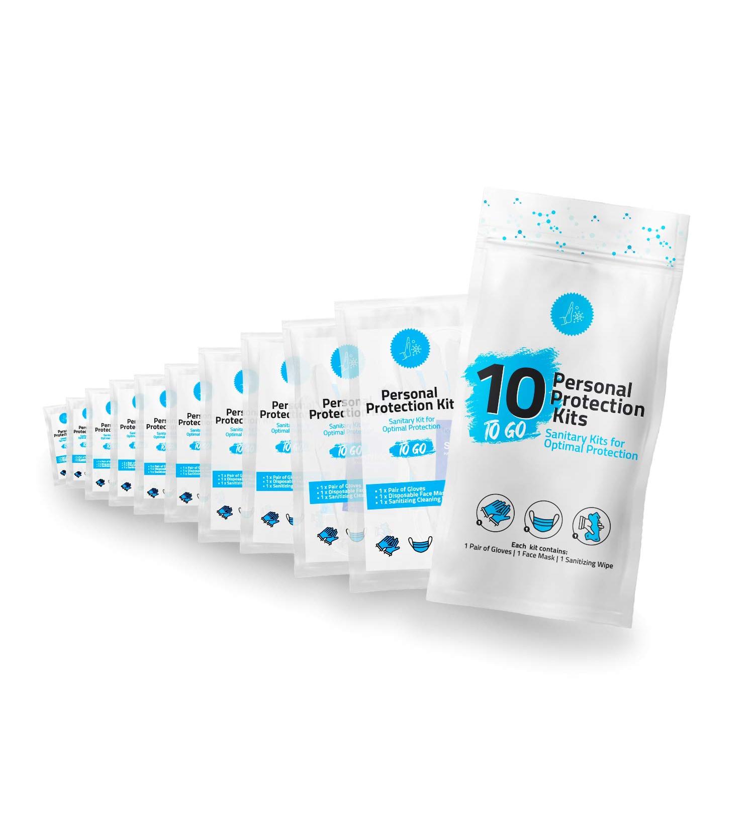 All-in-One Personal Protection Kits to GO - 10 Pack - With Plastic Gloves Hand Cleansing Wipes Disposable Face Mask - Buy Online on GoSupps.com