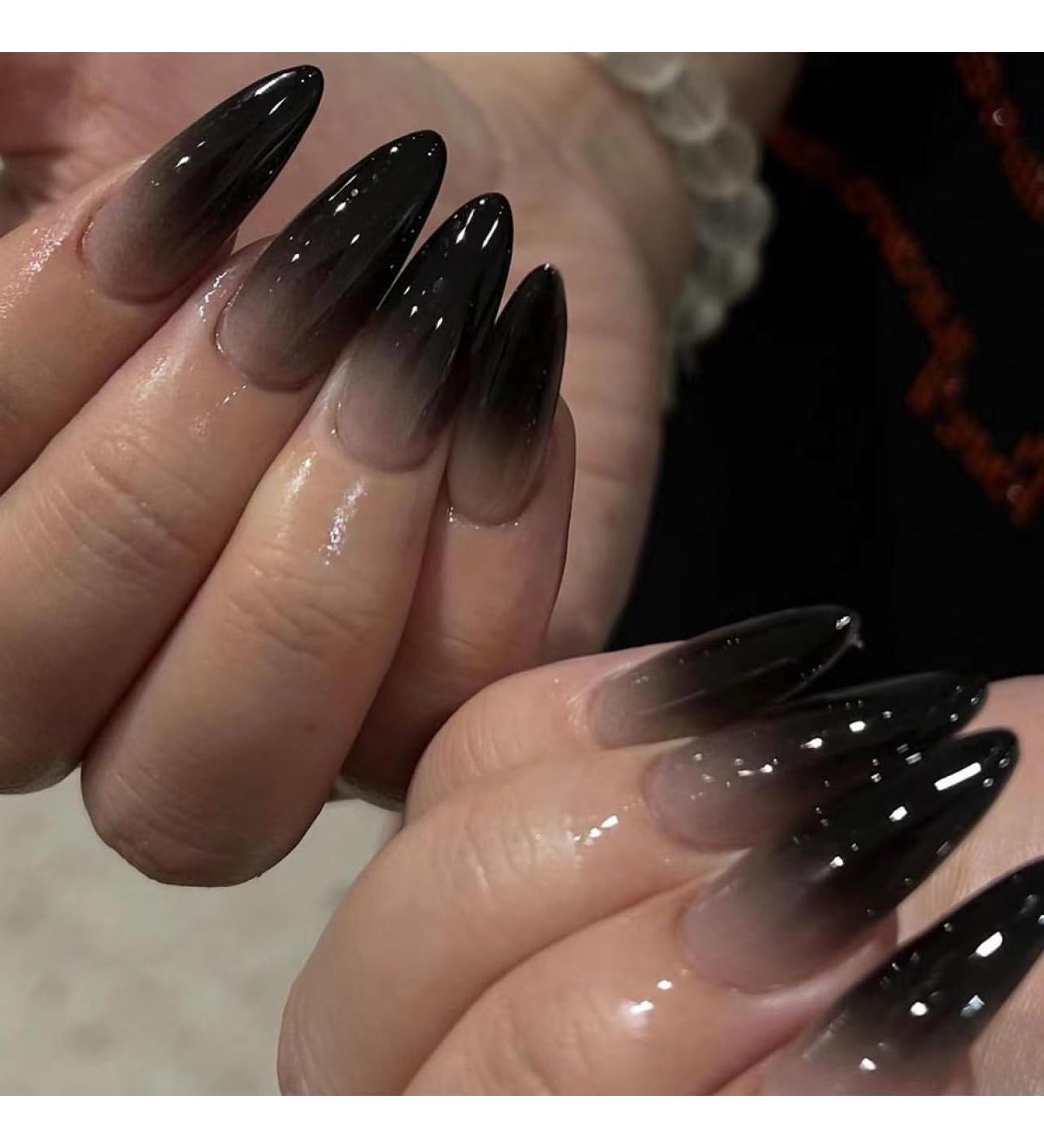 Shop Black Press on Nails - Medium Almond Gothic Ombre Acrylic False Nails | 24 Pcs Glam Manicure - Buy Online on GoSupps.com