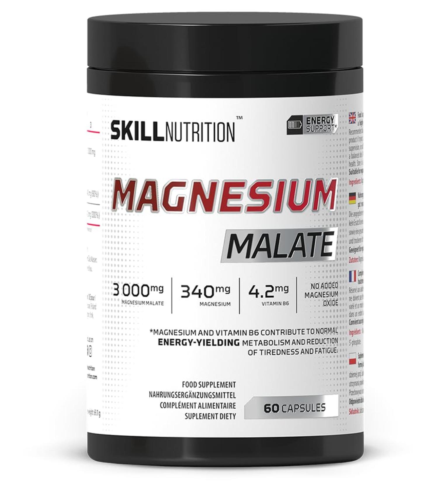 SKILL Nutrition Malate de Magn sium avec Vitamine B6 | 60 g lules | Active P-5-P 340 mg par portion | 3000 mg de malate hautement assimilable nergie muscles syst me nerveux | sans oxyde - Buy Online on GoSupps.com