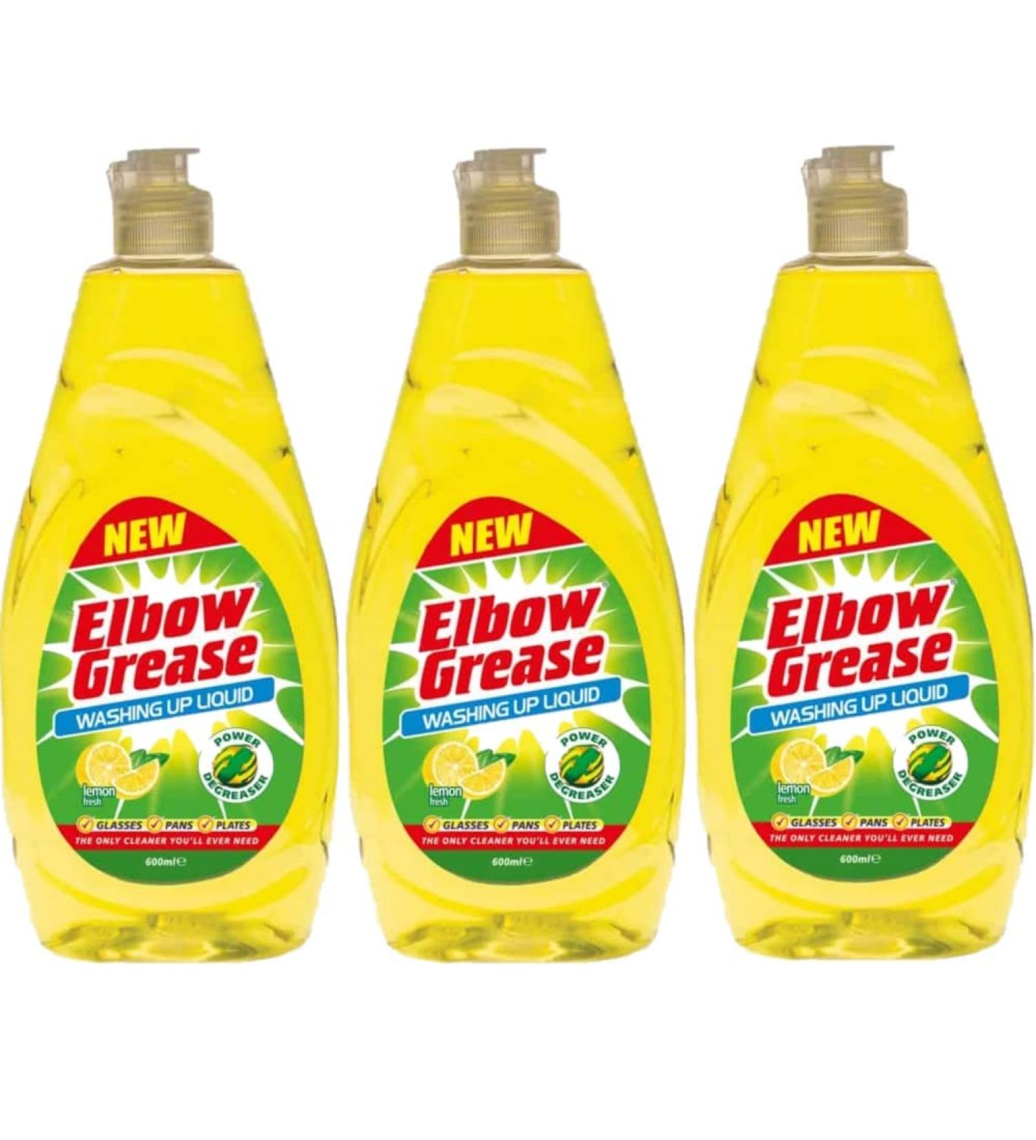 3 x 600ML Elbow Grease Washing Up Liquid Fresh Lemon Scent Power Degreaser Works On Glasses Pans And Plates