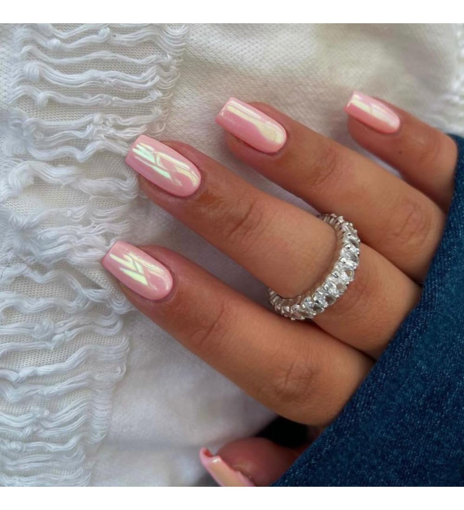 Coconut Pink Chrome Square Press On Nails - 24 PCS Metallic Fake Acrylic Nails | Short & Medium Coffin Style - High-Quality Glue-On Nail Art - Buy Online on GoSupps.com