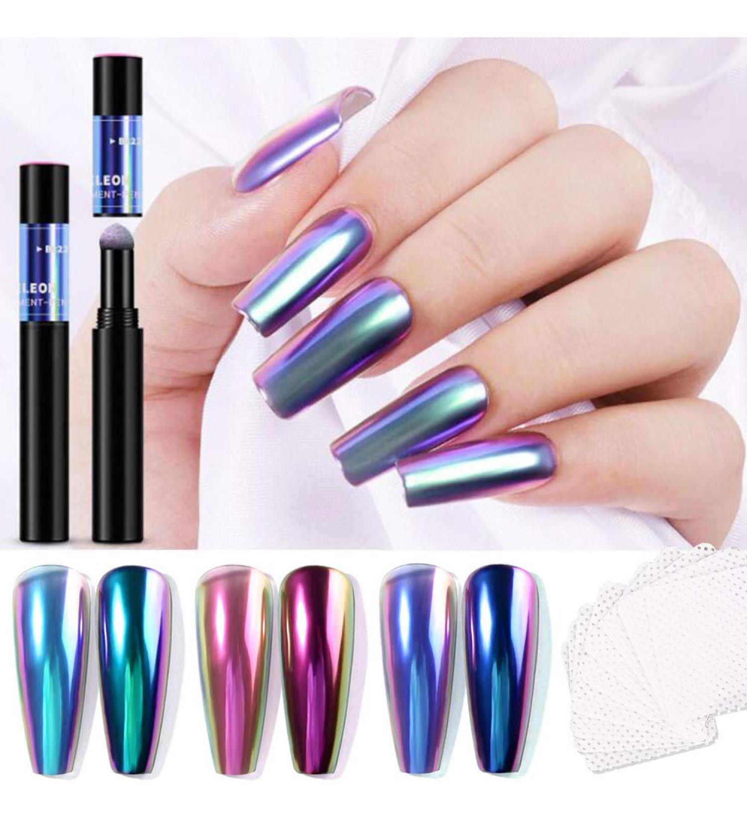 Dijit Air Cushion Chrome Nail Powder Pen Set - 3 Colors for Holographic Rainbow Effect | Nail Art Decoration Pen with 10 Nail Polish Remover Wipes - Buy Online on GoSupps.com