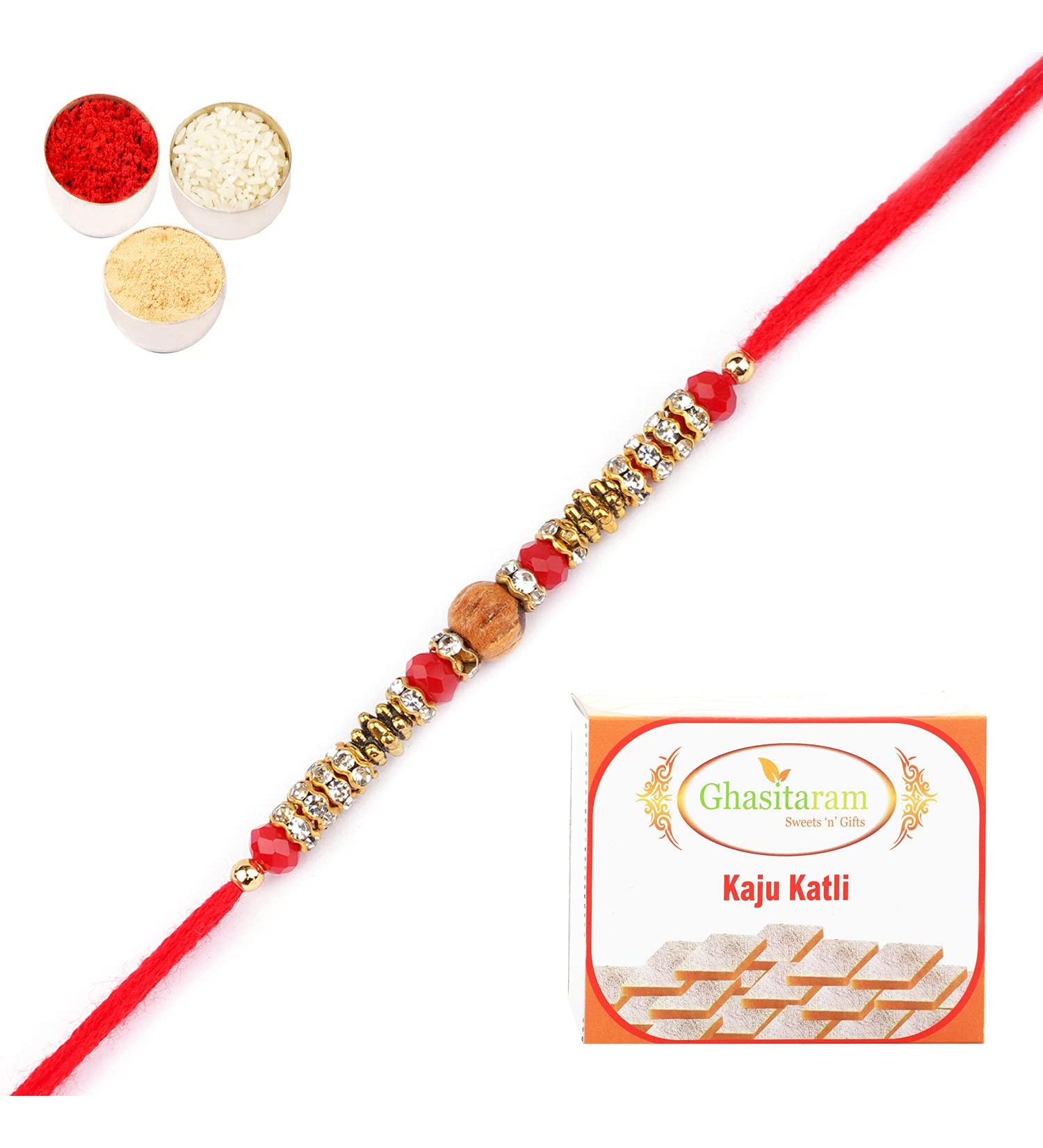 Ghasitaram Gifts Rakhi for Brother Rakhis Online - 6968 Fancy Thread Rakhi with 400 GMS of Kaju katli - Buy Online on GoSupps.com