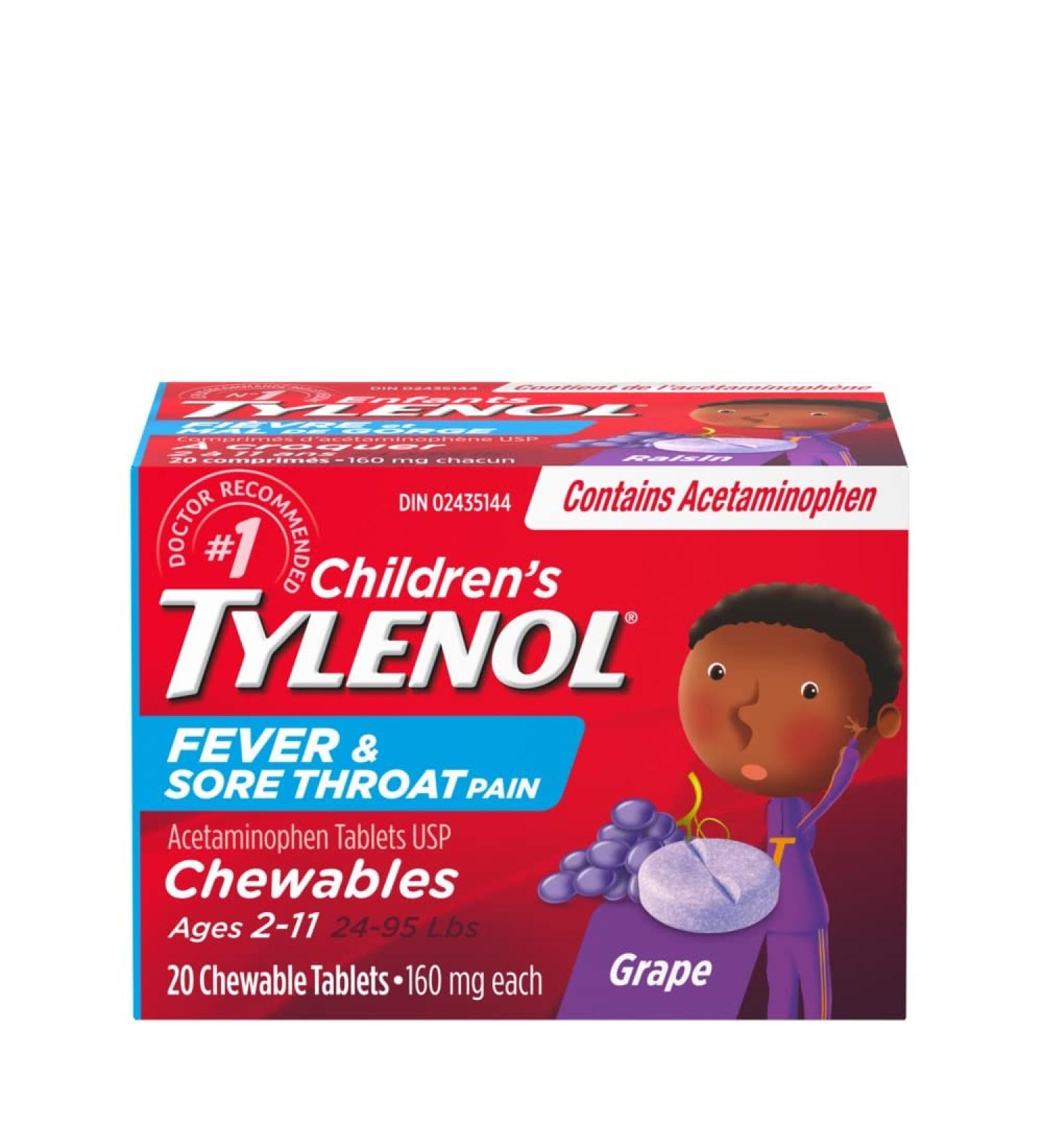 TYLENOL Children's Fever and Sore Throat Pain Chewables Relieves Fever and Sore Throat Pain 20ct Grape Flavour For ages 6-11yrs - Buy Online on GoSupps.com