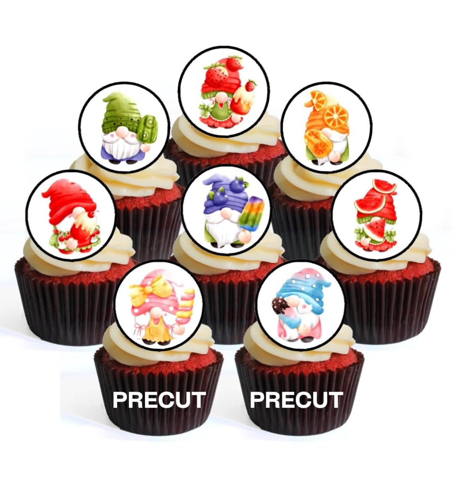 PRECUT Summer Gnomes Edible Cupcake Toppers - Ice Cream Gnomes Theme Premium Thickness SWEETENED VANILLA - wafer card disc cake decorations (Pack of 12) - Buy Online on GoSupps.com