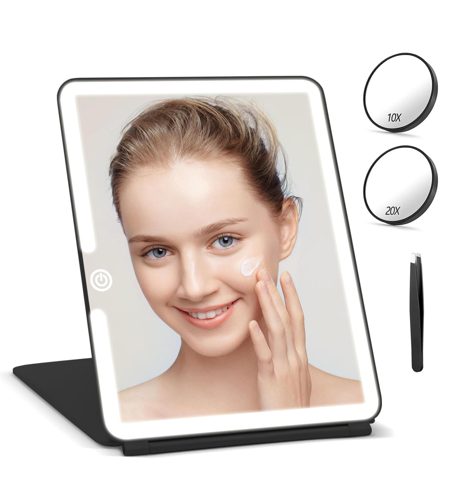 Jadazror Travel Mirror with Light | Detachable 3.5 10X & 20X Magnifying Mirrors | Portable Lighted Makeup Mirror with 3 Light Settings | USB Rechargeable | 9.85x7.5 Large Travel Makeup Mirror - Black - Buy Online on GoSupps.com
