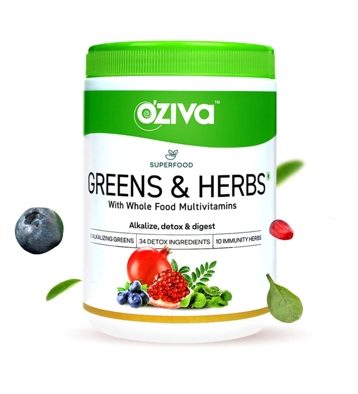 Oziva Superfood Greens & Herbs Powder | 8.8 oz (250 gm) | Chlorella, Curcumin, Spirulina, Maca, Moringa | Cleanse, Detox, Energy | Vegan & Keto Friendly - Buy Online on GoSupps.com