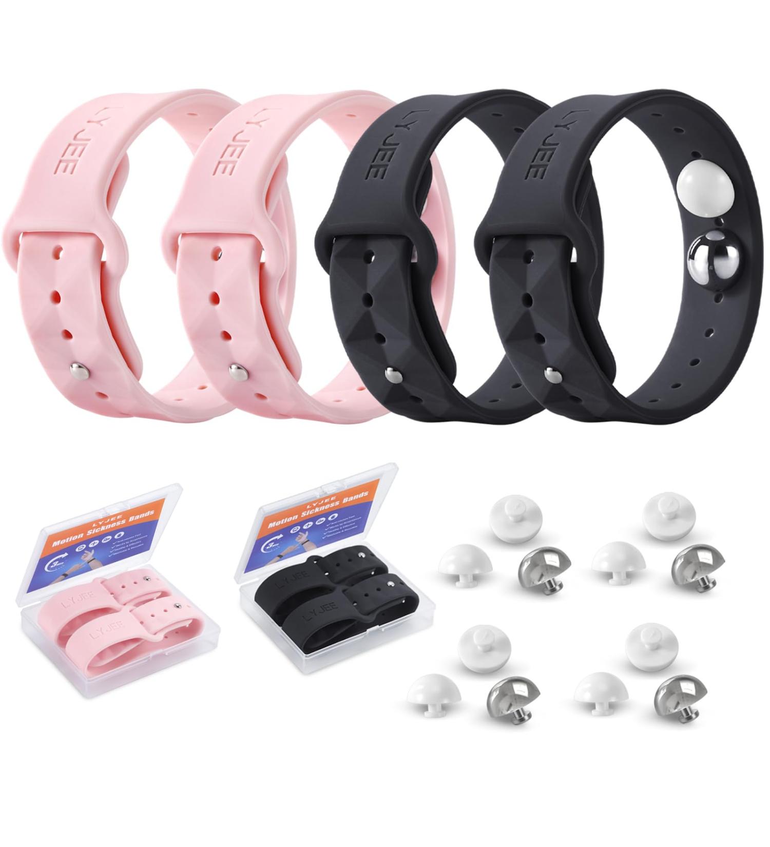 LYJEE Motion Sickness Bands for Kids & Adults Effective Nausea Relief for Pregnant Women & Seasickness Essential Pink & Black Wristbands for Cruise Travel - Buy Online on GoSupps.com