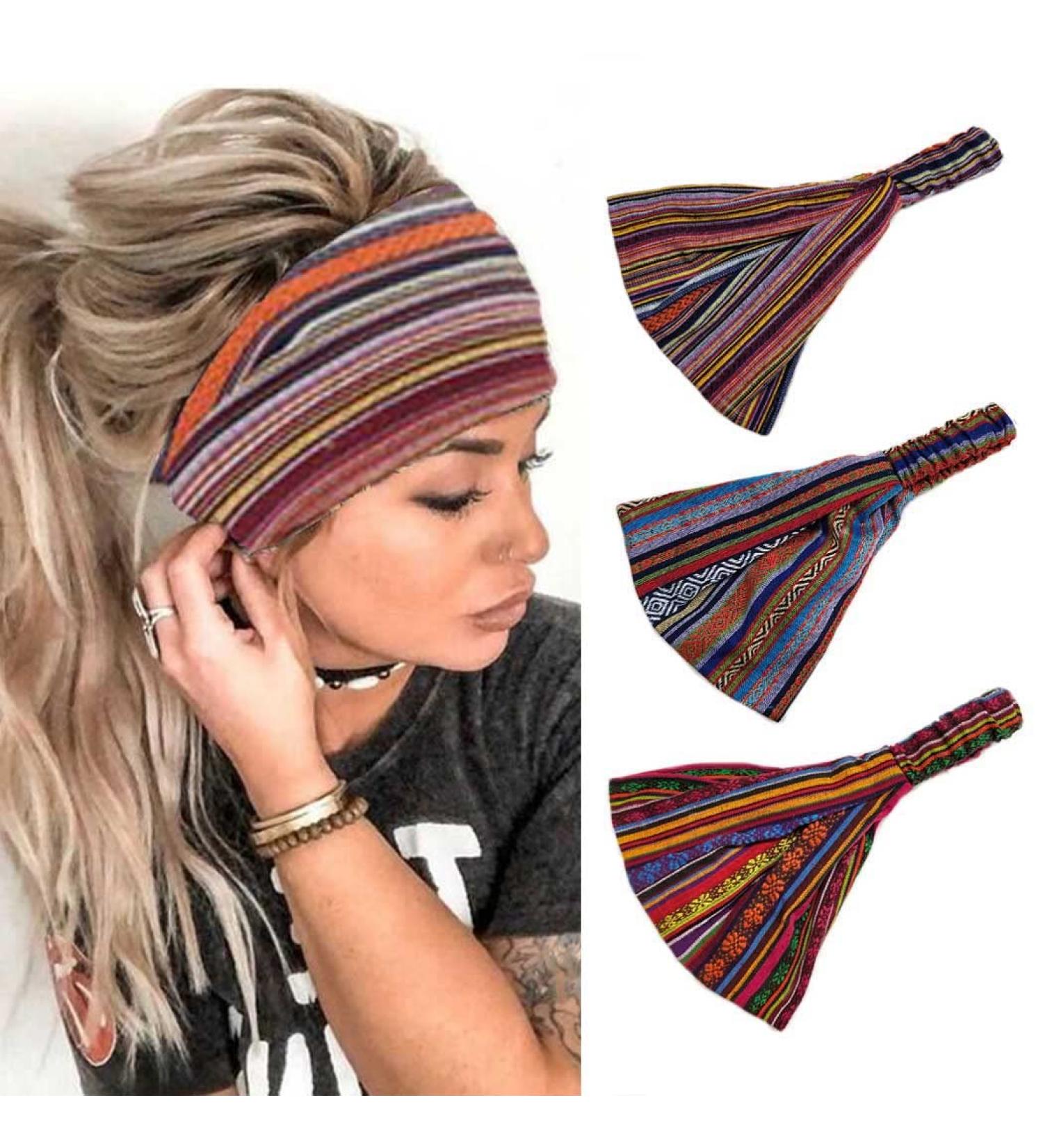 Zoestar Boho Wing Straps Yoga Head Wraps | Vintage Striped Turban & Bandeau Headscarves | Stylish Stretchy Hair Bands for Women & Girls (3 Pieces) - Buy Online on GoSupps.com