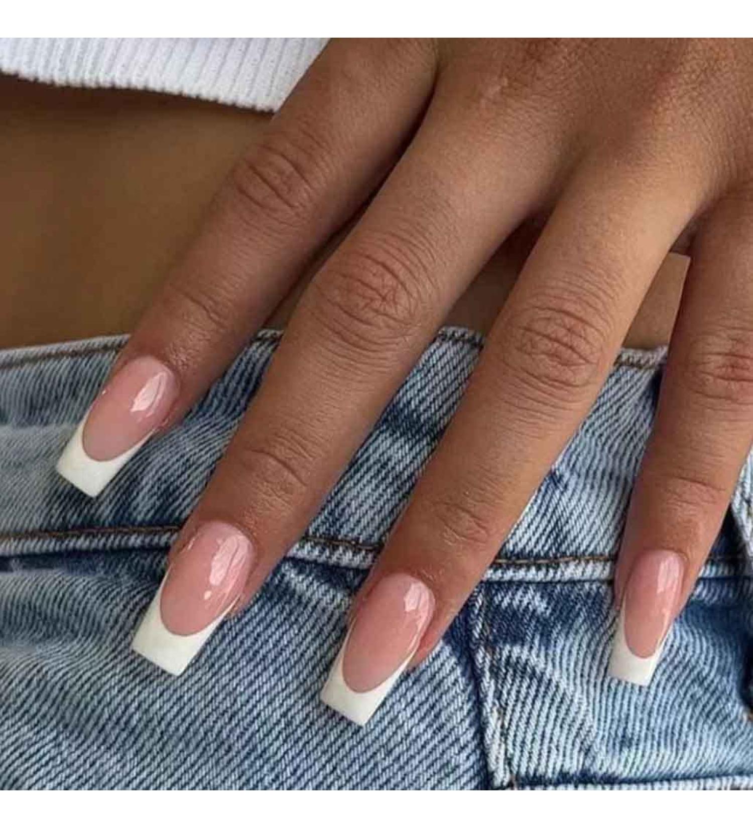 Foccna Nude Long French Coffin Fake Nails - 24 Glossy Press-on False Tips for Women and Girls - Buy Online on GoSupps.com