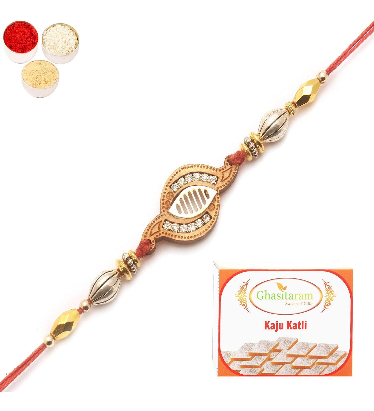 Ghasitaram Gifts Rakhi for Brother Rakhis Online - WO-13 Diamond Rakhi with 200 GMS of Kaju katli - Buy Online on GoSupps.com