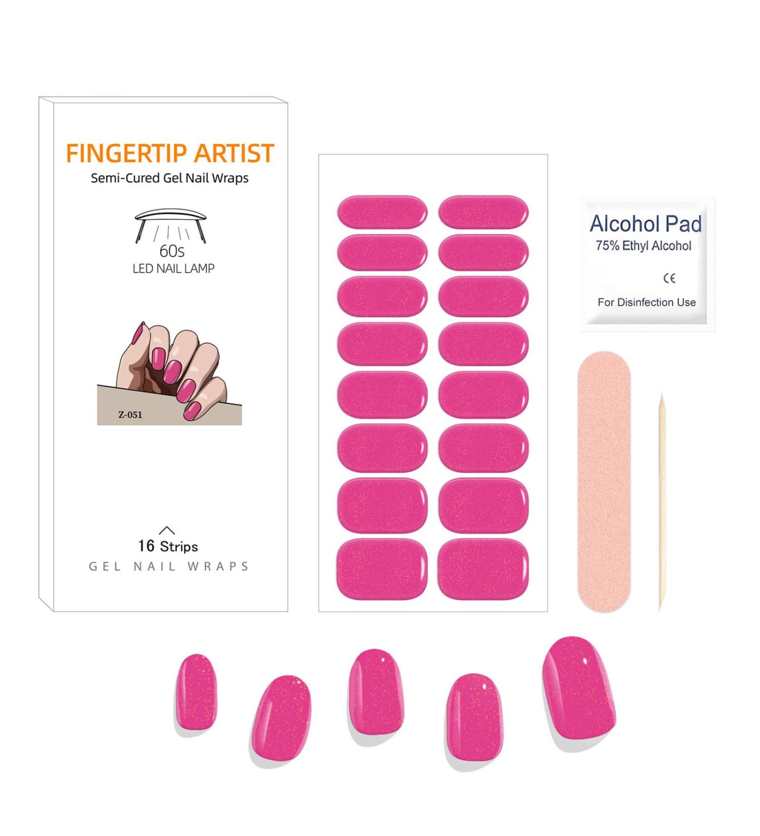 Semi Cured Gel Nail Strips - 16 Pcs Glitter Self-Adhesive Polish Stickers French Manicure Kit - Hot Pink - Buy Online on GoSupps.com