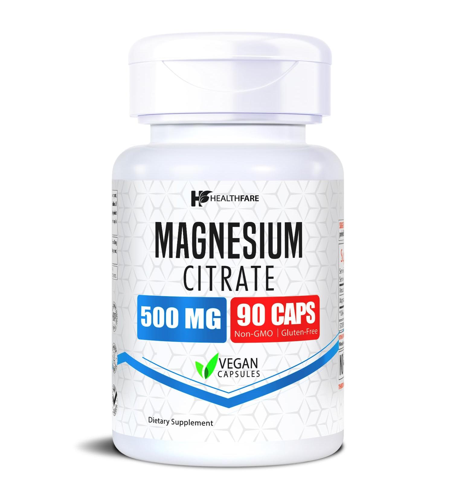 HealthFare Magnesium Citrate Capsules 500mg | 90 Vegan Pills | High Absorption Essential Mineral Supplement | Extra Strength Formula | Non-GMO Gluten-Free Made in USA - Buy Online on GoSupps.com