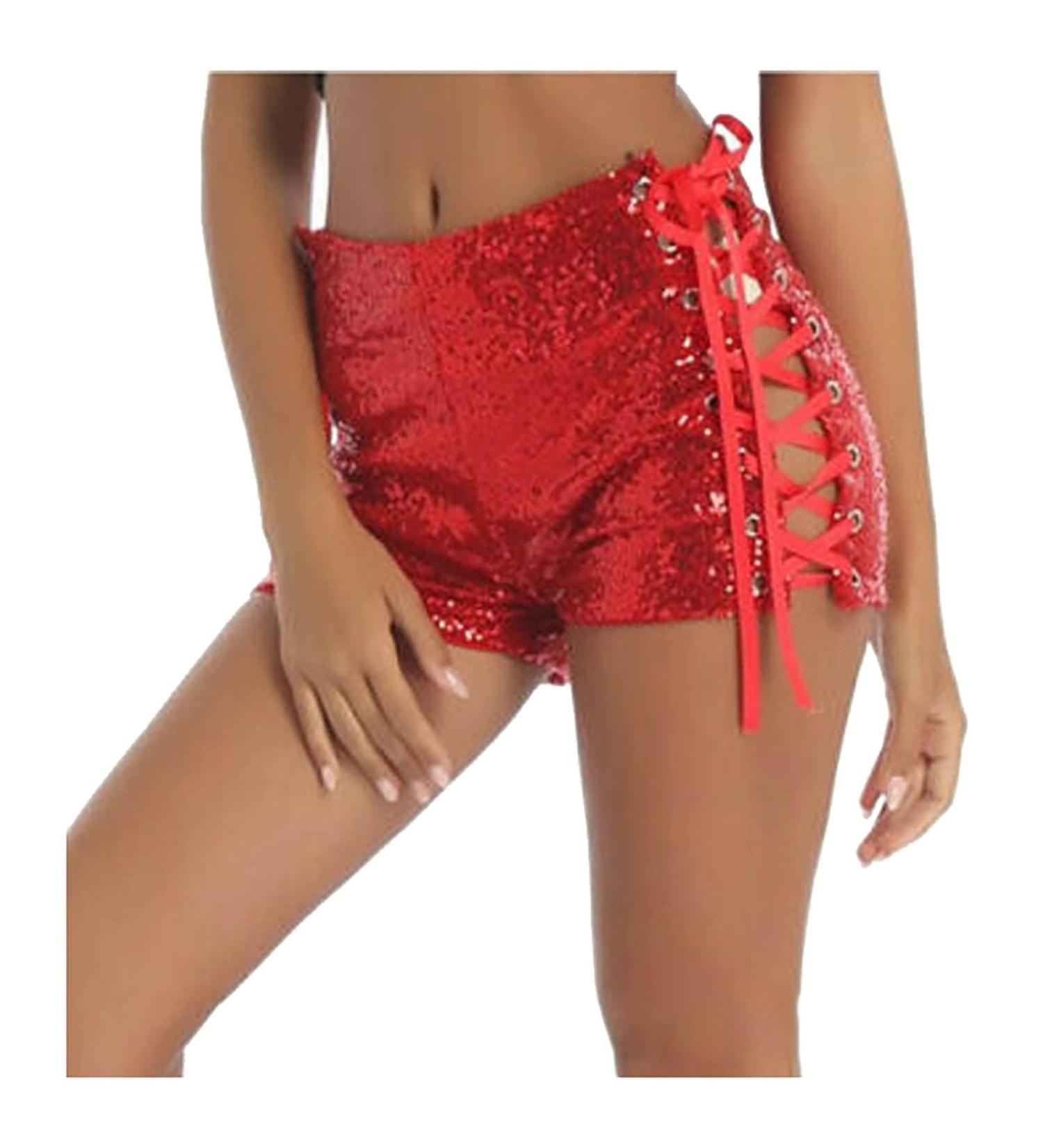 Duohropke Women's Metallic Hot Pants - High Waist Sequin Glitter Shorts for Dance Disco & Carnival - S02 Red - Buy Online on GoSupps.com