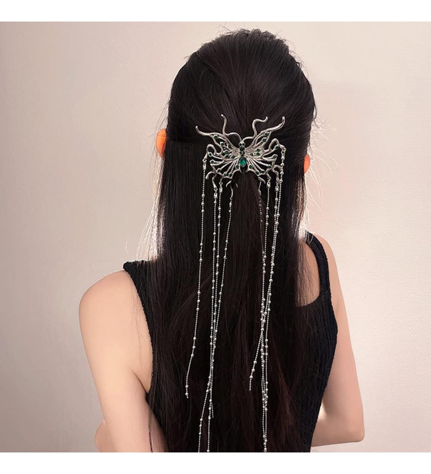 Wiwpar Butterfly Clips - Shiny Long Tassel Chain Hair Clip for Women Girls | Decorative Hair Barrettes for Bride Wedding Party - Silver - Buy Online on GoSupps.com