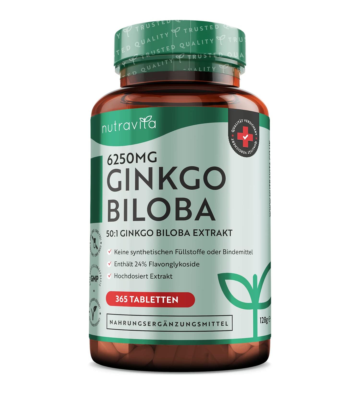 Ginkgo Biloba 6250 mg - 365 Vegan Tablets | High Dose Premium Quality Extract 50:1 - Nutravita - Buy Online on GoSupps.com